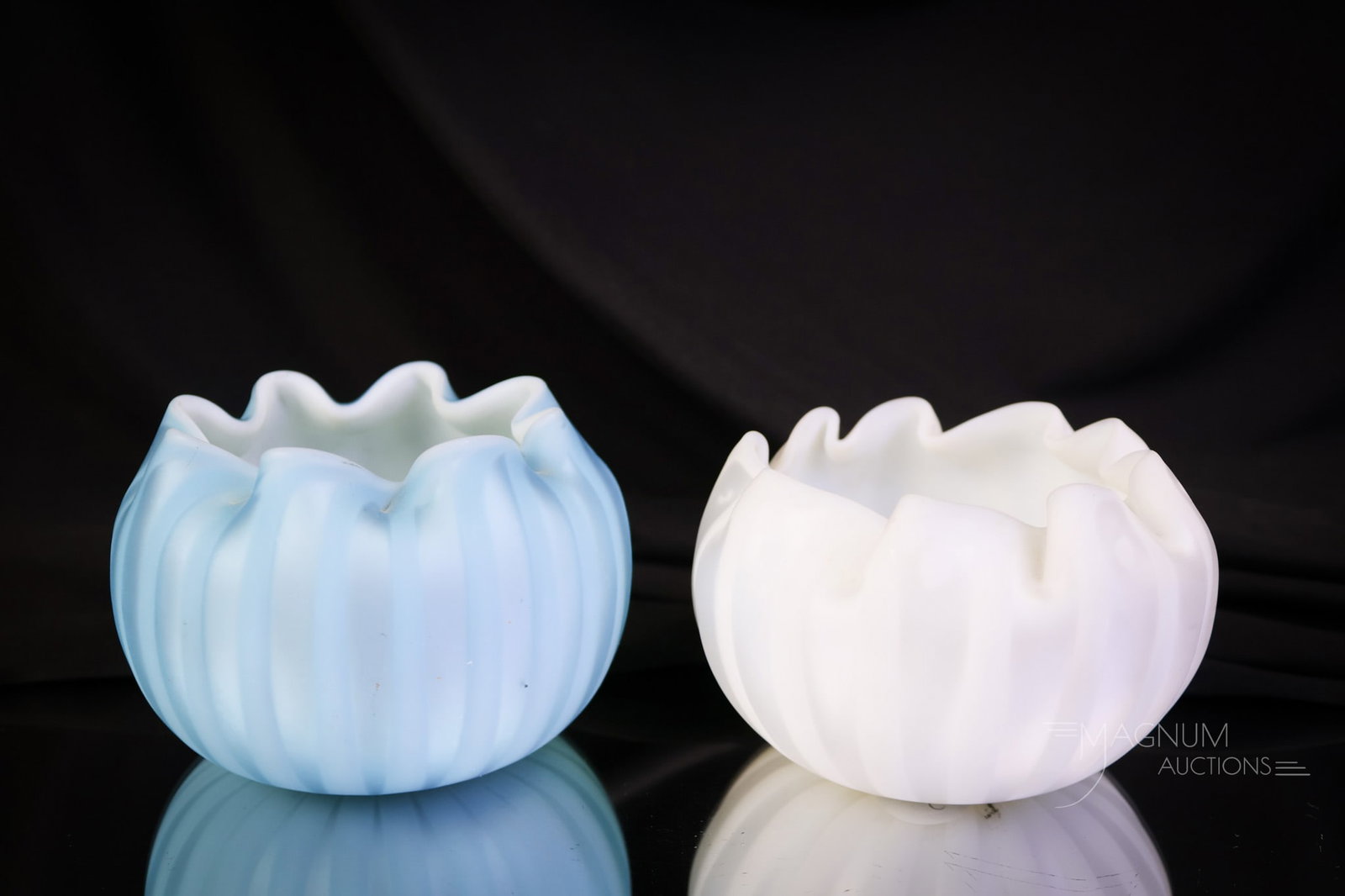 2 pc Lot Victorian Mother of Pearl Satin Glass Stripe Rose Bowls: Two distinct examples of Victorian mother-of-pearl satin glass rose bowls in the stripe pattern. One in blue and one in white. Each measures 2 1/4" tall. SHIPPING NOTICE: If you choose not to utilize 