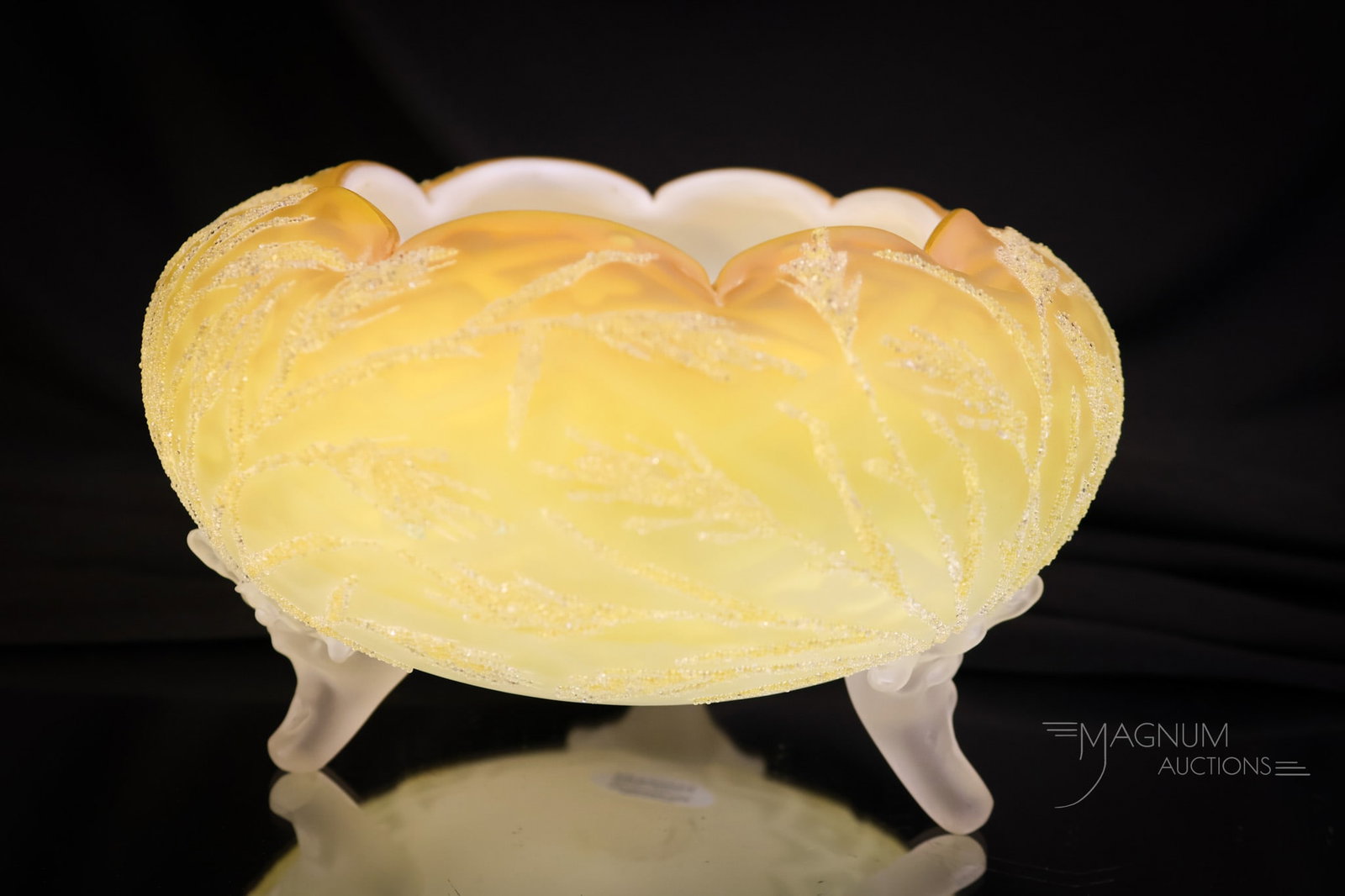 Chjampagne Mother of Pearl Maltese Cross Victorian Art Glass Rose Bowl: A great find in Victorian art glass. This is a mother-of-pearl three-footed rosebowl in the Maltese Cross pattern in champagne beige color. This piece features decoration of wheat done in coralene. Th