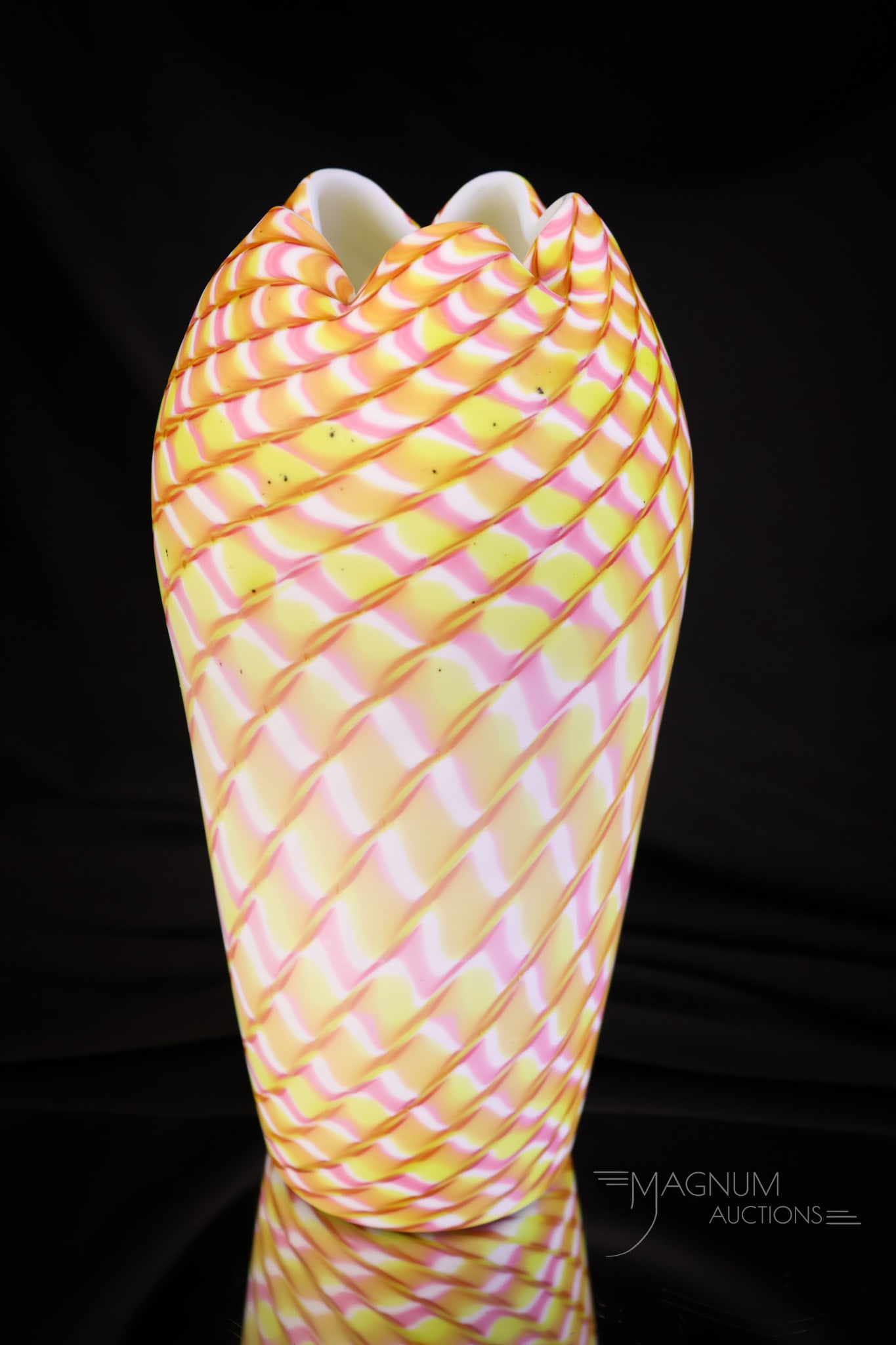 Welz Victorian Art Glass Vase: A wonderful piece of art glass attributed to Welz. This vase measures 8 1/2" tall and 4" wide. It is made in colors of pink, white, and yellow. A gorgeous find for your art glass collection. SHIPPING 