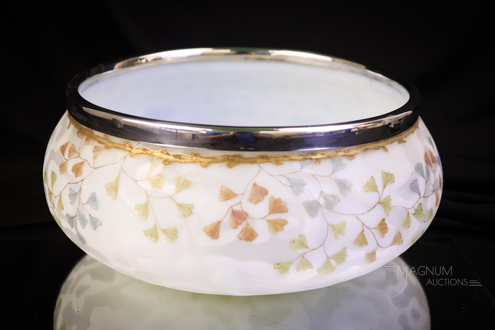 Rare Flower & Acorn Decorated Mother of Pearl Victorian Silverplate 9" Bowl: A rare find in a Victorian 9" diameter bridal white flower & Acorn pattern mother of pearl, satin glass decorated bowl. This piece is gorgeous and so rare. Seldom do you see bridal white mother-of-pea