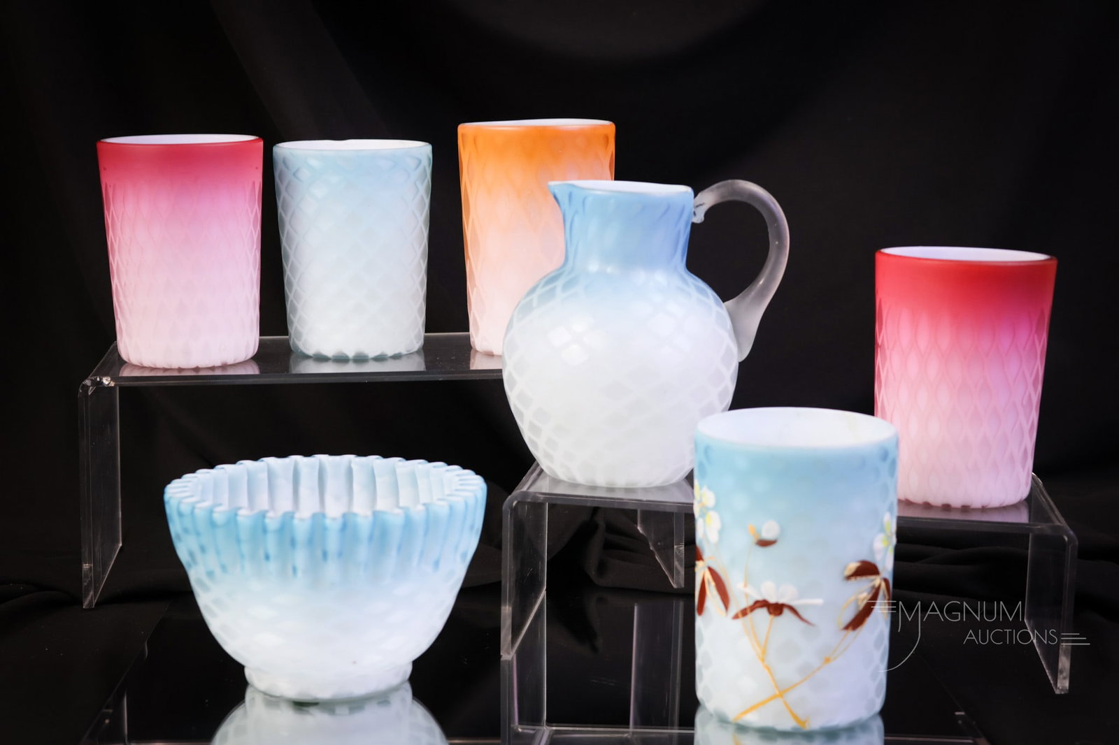7 pc Lot Victorian Mother of Pearl Satin Glass Tumblers & Creamer & Sugar Bowl: A nice and generous offering of seven pieces of Victorian mother-of-pearl satin glass. This lot includes five tumblers with and without decoration. There is also a cream pitcher and sugar bowl for you