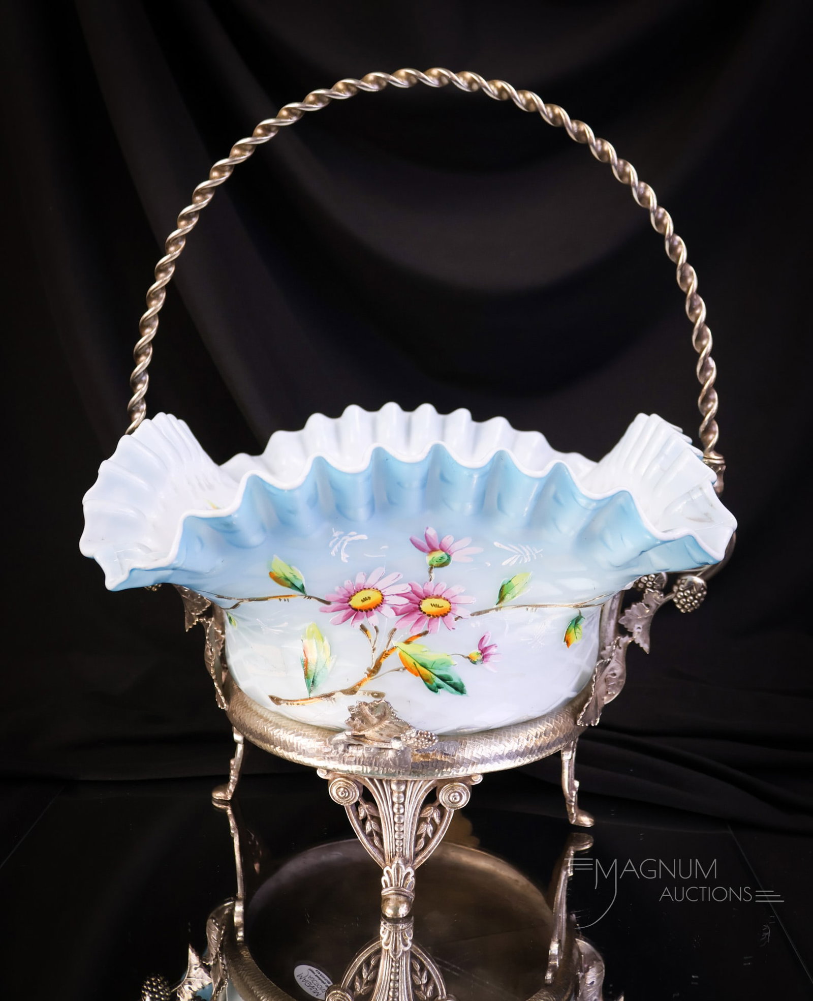 Tufts Victorian Silverplate Blackberry Mother of Pearl Satin Glass Brides Basket Centerpiece: A tufts silverplate Victorian blackberry adorned brides basket, complete with a blue satin diamond quilted bride's bowl. This excellent find measures 12" tall and 10 " wide. SHIPPING NOTICE: If you ch