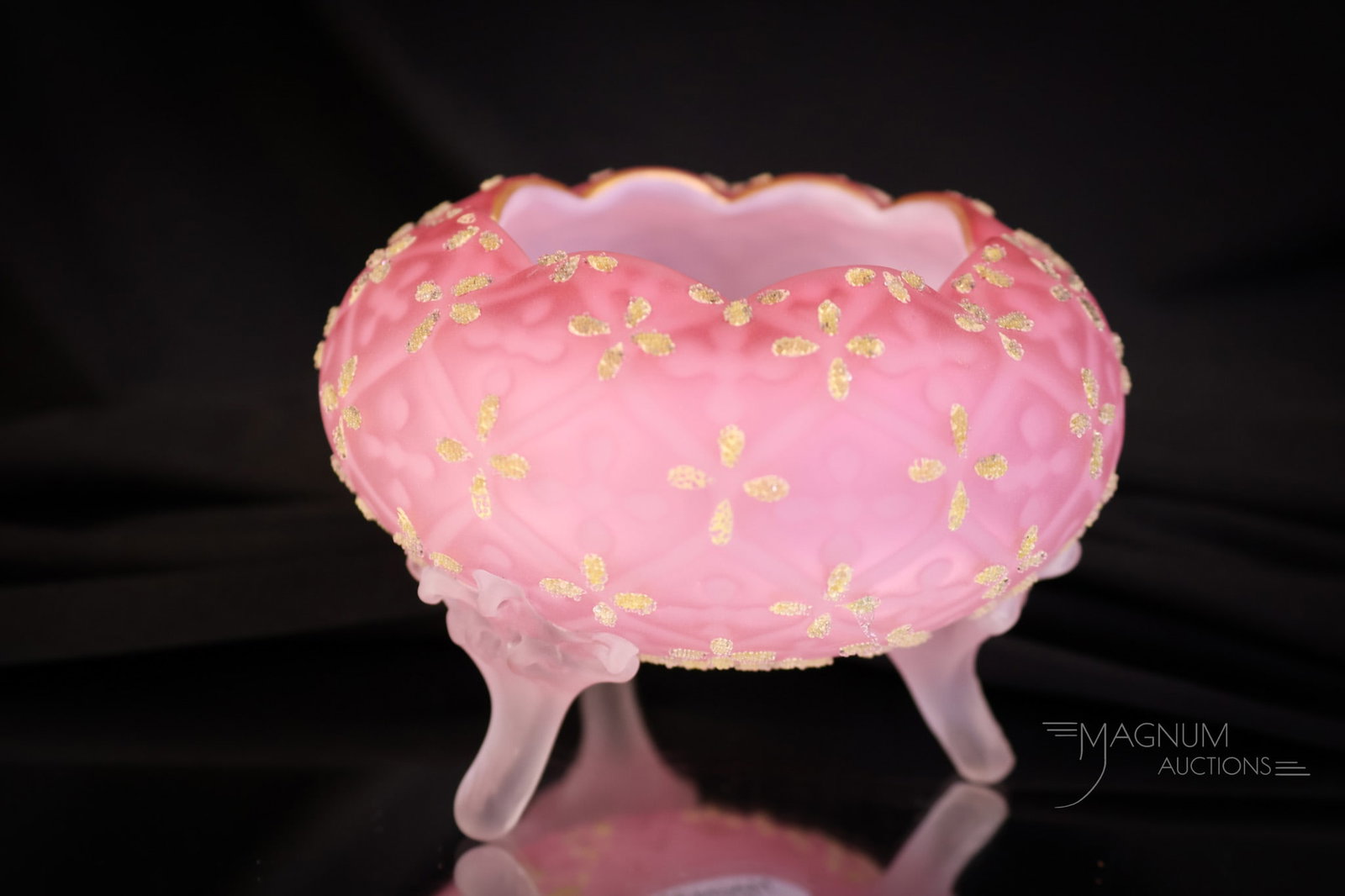 Pink Satin Victorian Mother of Pearl Maltese Cross Footed Rose Bowl: A great example of Victorian art glass at its finest. This is a mother-of-pearl satin glass rose bowl with three applied feet. It is in the Maltese Cross pattern. It is decorated with yellow coralene 