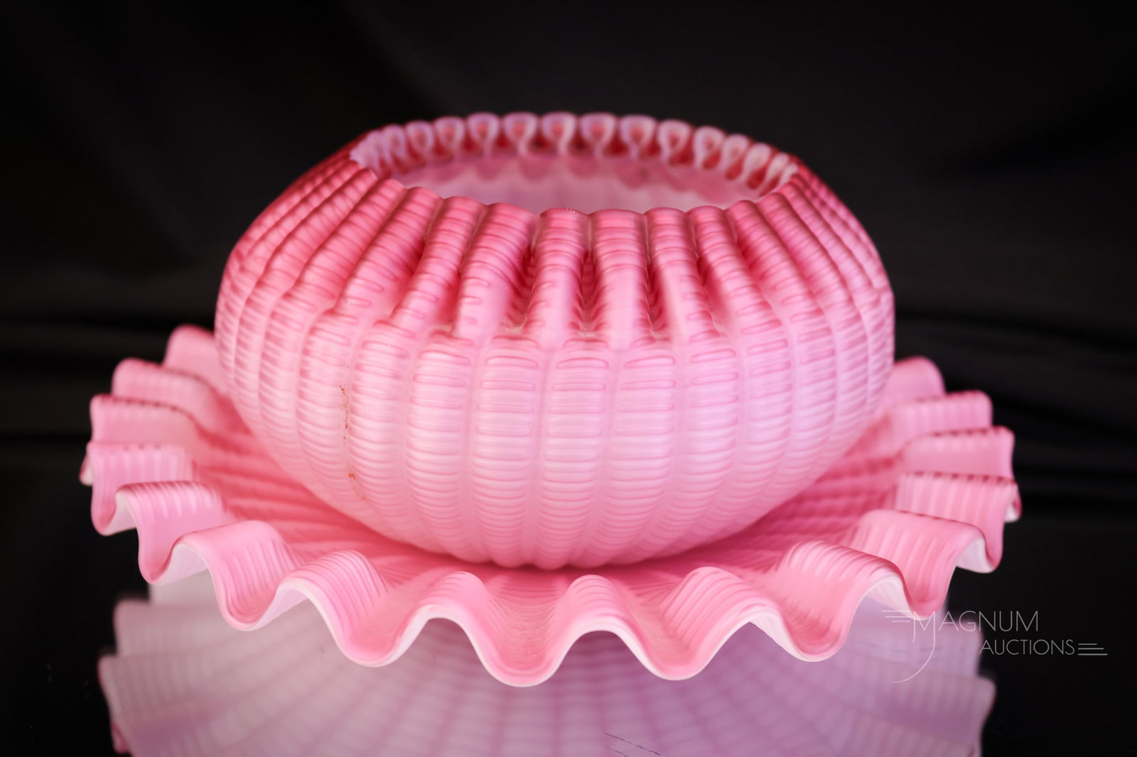 Rare Victorian Zipper Mother of Pearl Satin Glass Finger Bowl & Underplate: A rare find in mother of pearl satin glass. This is a finger bowl & matching underplate in the Zipper pattern. This piece is so rare. The set measures 2 3/4" tall and 6 1/2" wide. SHIPPING NOTICE: If 