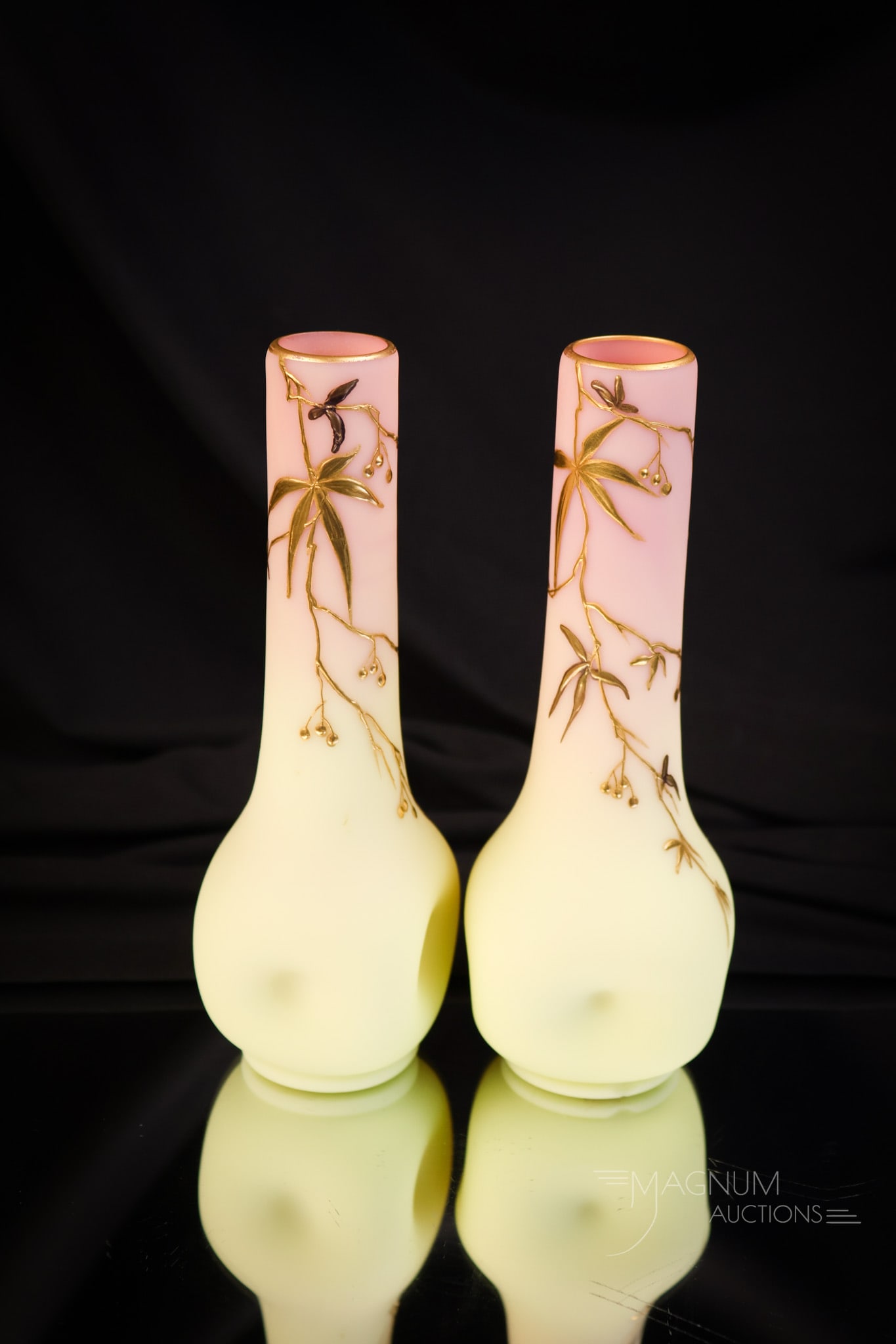 Pair Webb Burmese Decorated Victorian Art Glass Cabinet Vases (1 of 6)