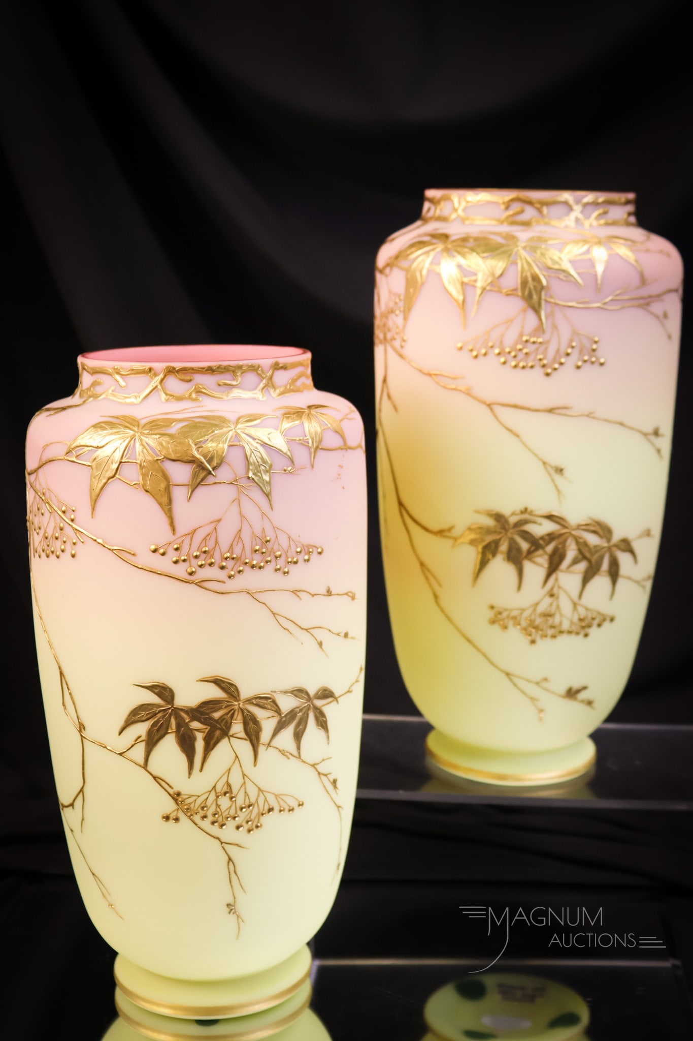 Museum Pair Thomas Webb Queens Burmese Heavy Gilt 10" Mantle Vases (1 of 10)