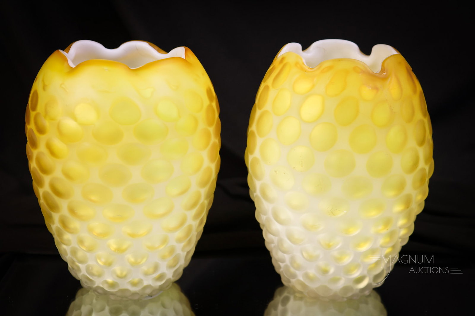 Pair Hobnail Burnt Lemon Mother of Pearl Satin Glass Victorian Vases (1 of 7)