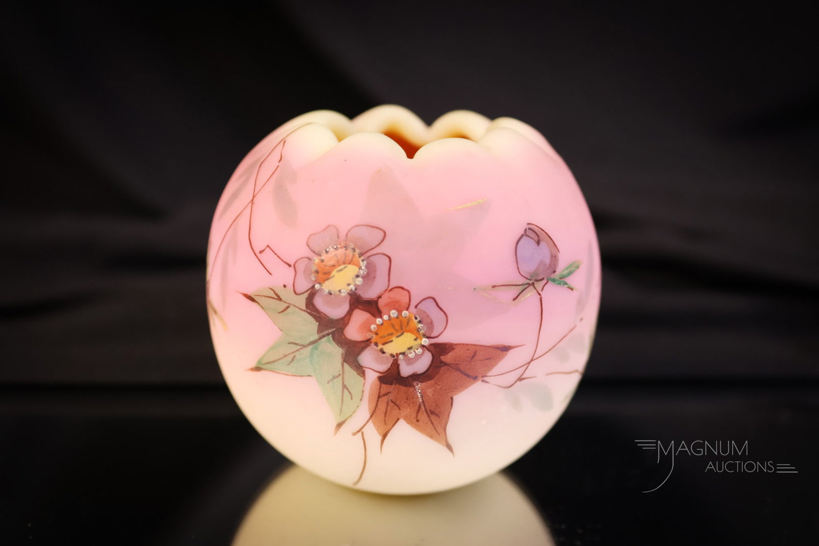 Webb Burmese 2" Victorian Glass Hawthorne Decorated Rose Bowl: A charming little Webb burmses Victorian cabinet-sized rose bowl. This one has perfect coloring and is decorated with Hawthorne flowers and foliage. The rose bowl measures 2" tall and 2 1/2" wide. SHI