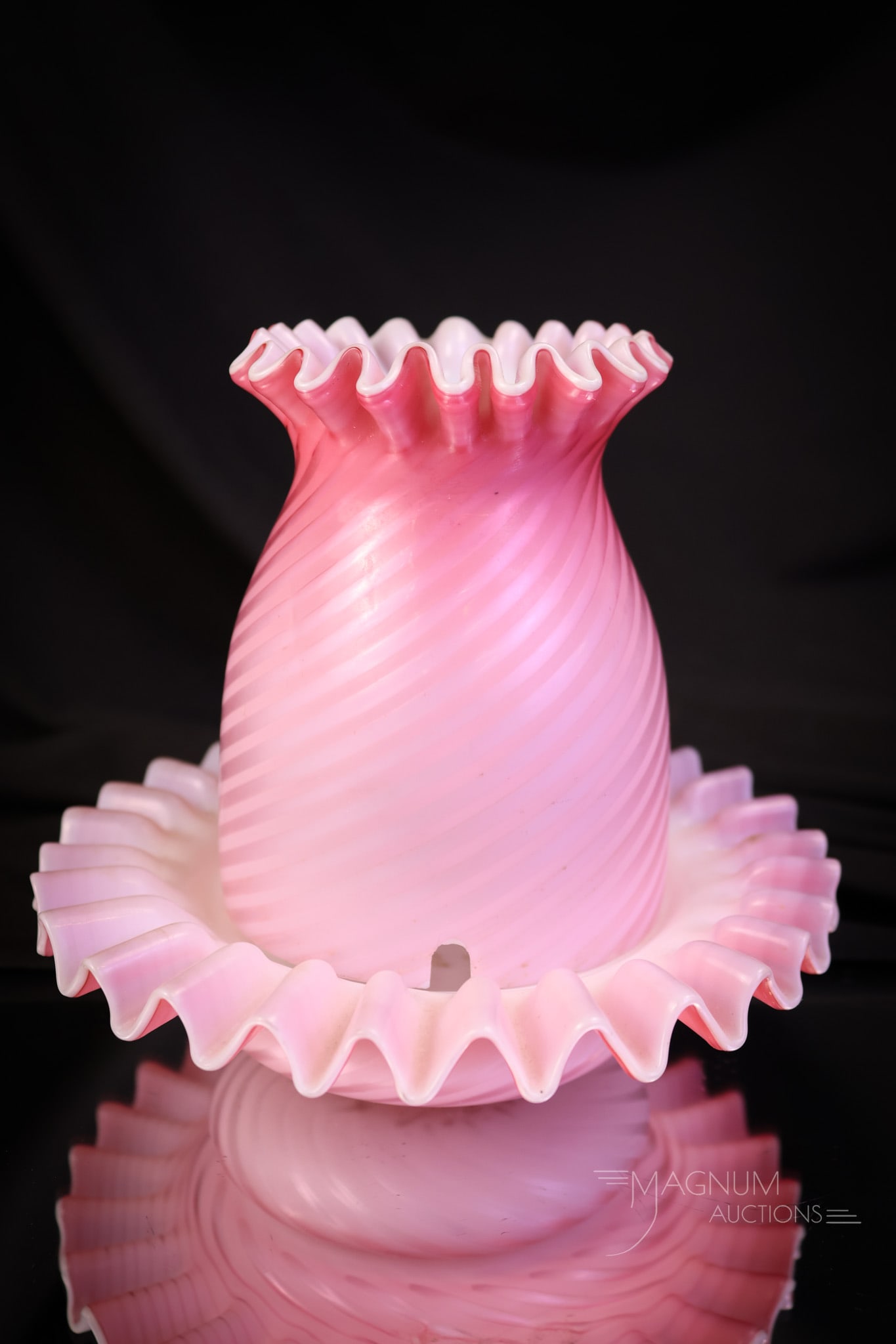 Pink Satin Victorian Mother of Pearl Satin Glass Swirl Fairy lamp: A nice find in a Victorian satin mother-of-pearl swirl-pattern glass fairy lamp. This piece has great pale pink color and a pleasing swirl pattern to the shade and the base. The lamp measures 5" tall 