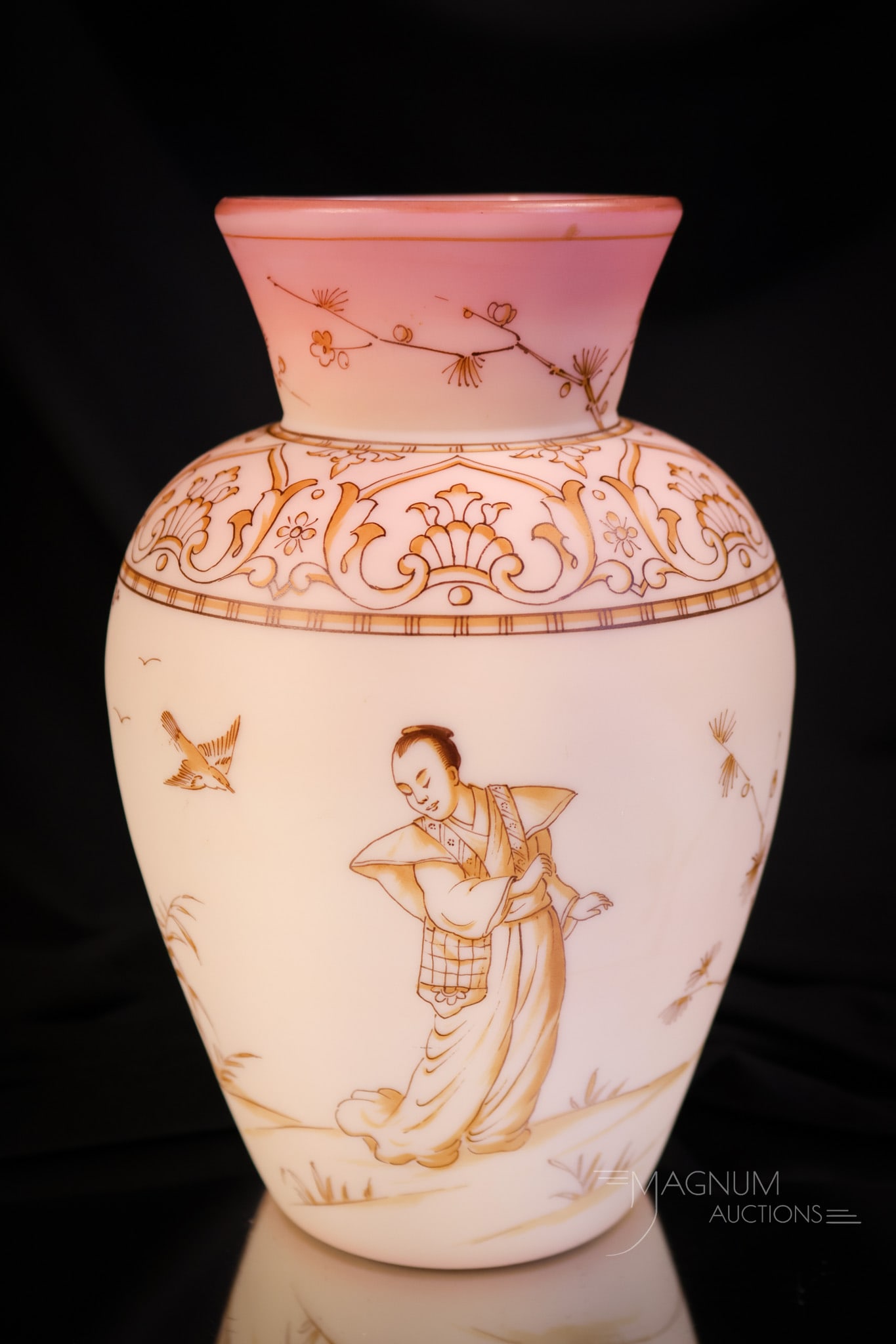 Bohemian Victorian Burmese Uranium Glass Oriental Decorated Glass Vase (1 of 7)