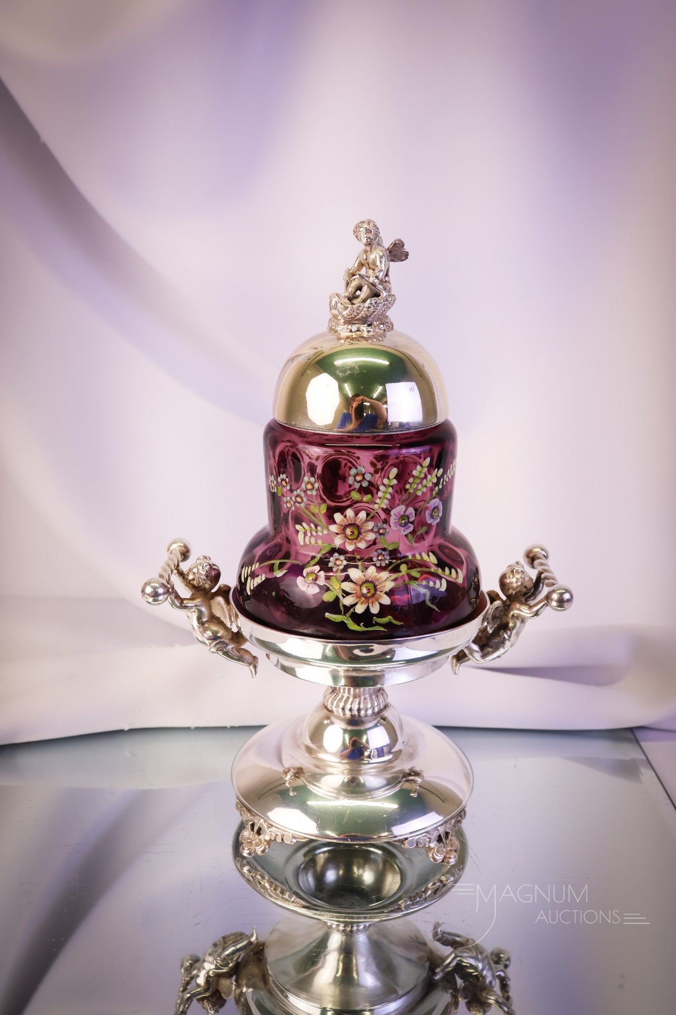 Webster Cherub Victorian Silverplate Amethyst Enameled Glass Pickle Castor (1 of 10)
