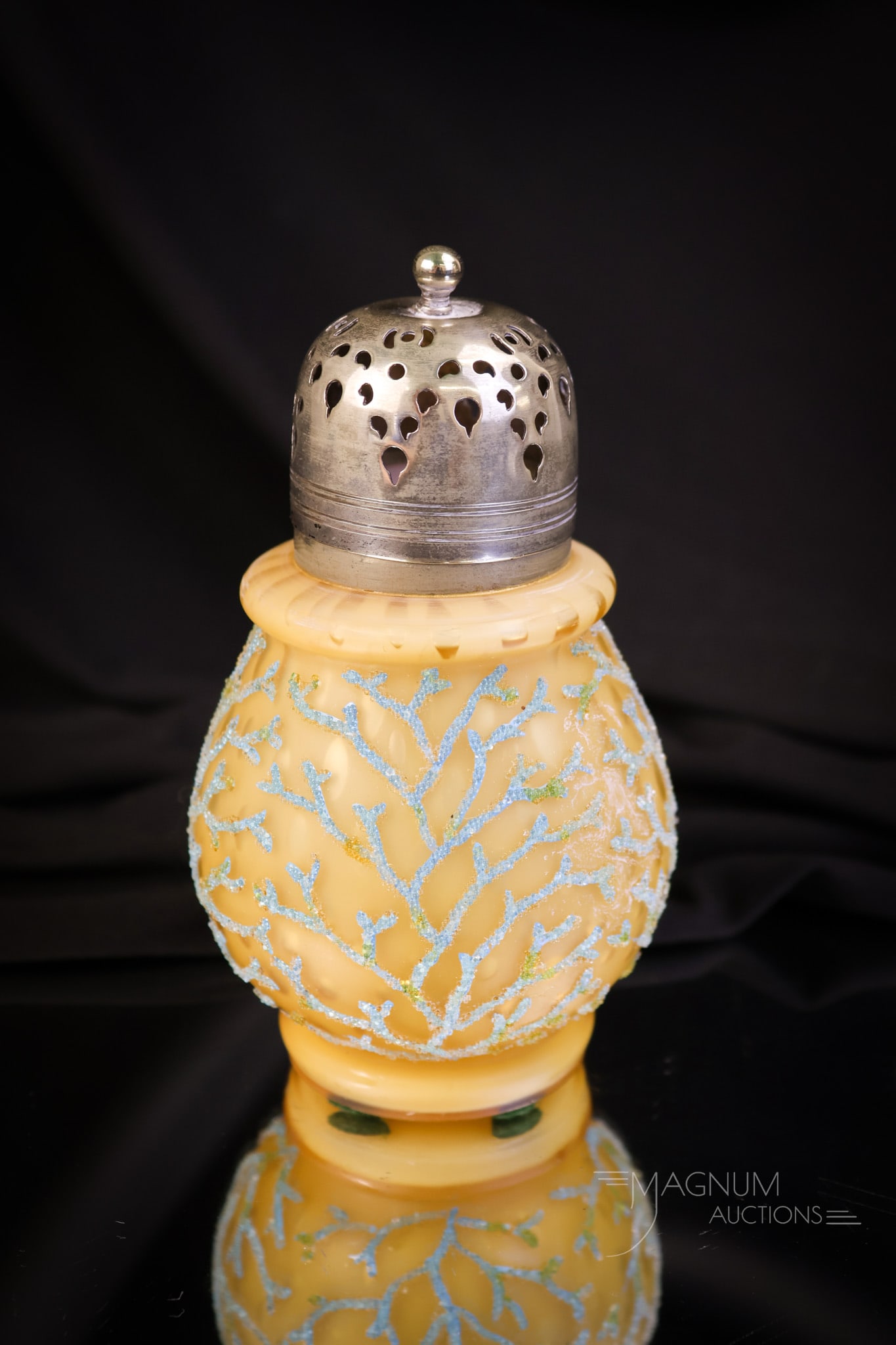 Rare Champagne Coralene Mother of Pearl Victorian Glass Sugar Shaker Muffineer: A rare find in a Victorian glass sugar shaker. This one is in champagne mother-of-pearl satin glass in the raindrop pattern. This shaker is further embellished with pale blue seaweed coralene. The sha
