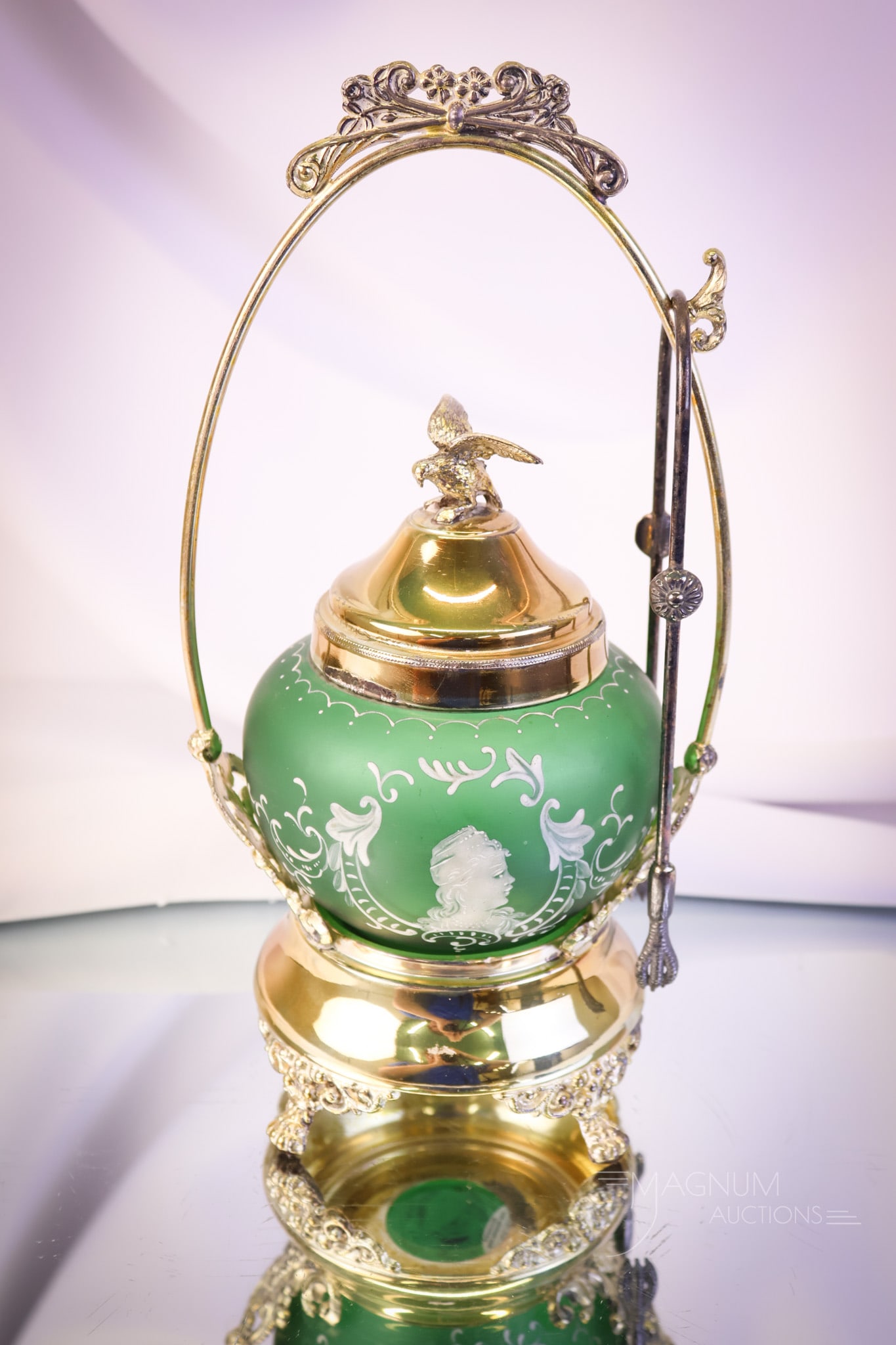 Victorian Silverplate Emerald Green Satin Glass Enameled Pickle Castor (1 of 10)