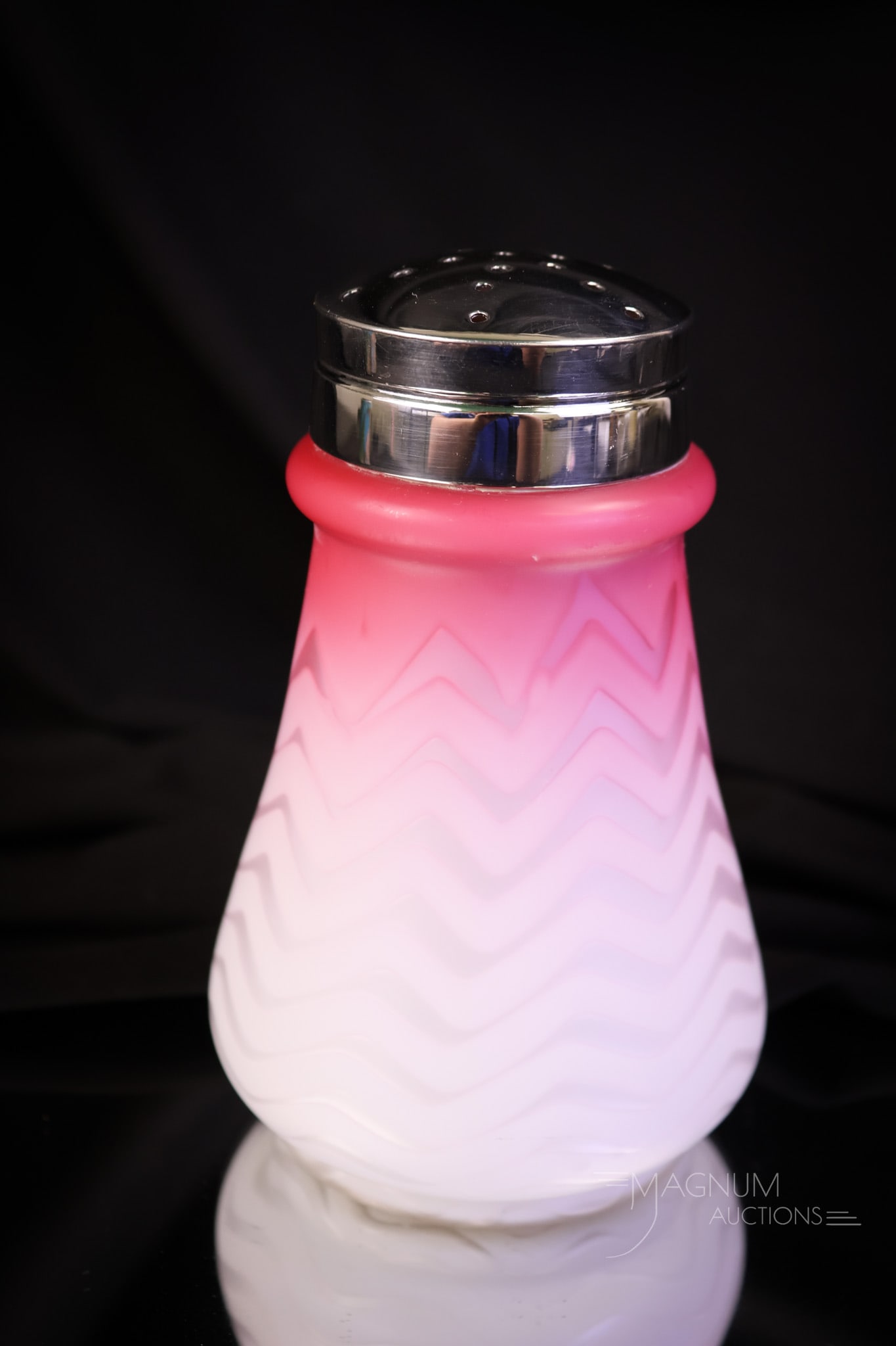 Victorian Herringbone Satin Mother of Pearl Glass Sugar Shaker Muffineer: A beautiful find in a Victorian mother-of-pearl, satin glass sugar shaker. This one is in pink Herringbone glass. The shaker features a tapered form and a beautiful two-piece silverplate lid. The shak