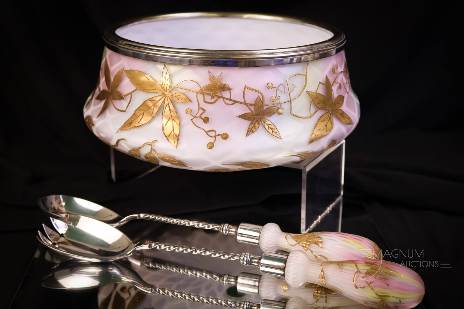 Rare 3pc Rainbow Victorian Mother of Pearl Satin Glass & Silverplate Salad Set: A rare find in Victorian rainbow mother-of-pearl satin glass. This is a three-piece salad set. This set is in a diamond quilt pattern with gilt enameling. The Serving pieces are perfect. The bowl exhi