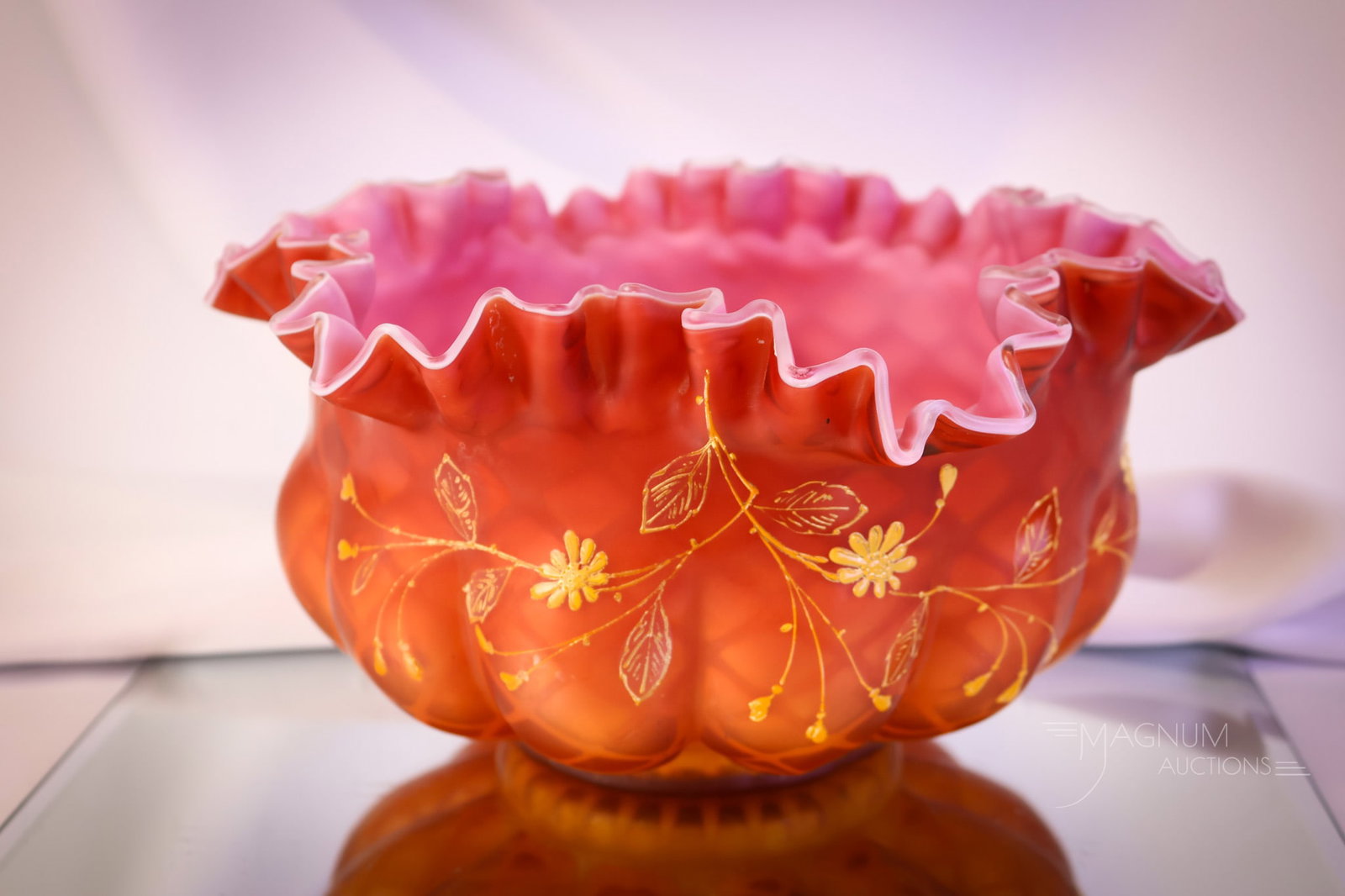 Crimson Victorian Mother of Pearl Diamond Quilt Enamel Gilt Glass Brides Bowl: What beautiful color is found on this crimson reddish orange Victorian mother-of-pearl glass brides' bowl! This bowl has gilt and enameled decoration around the body. The bowl is melon-ribbed and case