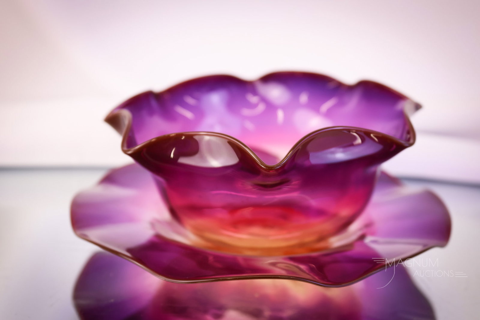 Webb Alexandrite Victorian Glass Finger Bowl & Underplate: A rare find in Webb Alexandrite. This is a finger bowl and an underplate. This set has strong coloring. The set measures 2 1/4" tall and 6" wide. SHIPPING NOTICE: If you choose not to utilize the Live