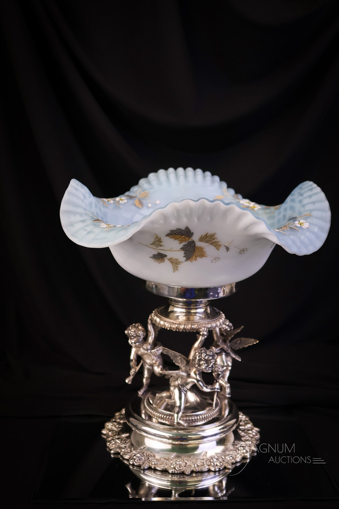 Derby Silverplate Triple Cherub Mother of Pearl Victorian Brides Bowl Centerpiece: A superb find in our auction of rare finds! This is a marked Derby silverplate triple cherub frame supporting a mother-of-pearl bride's bowl. This exceptional centerpiece features three frolicking che