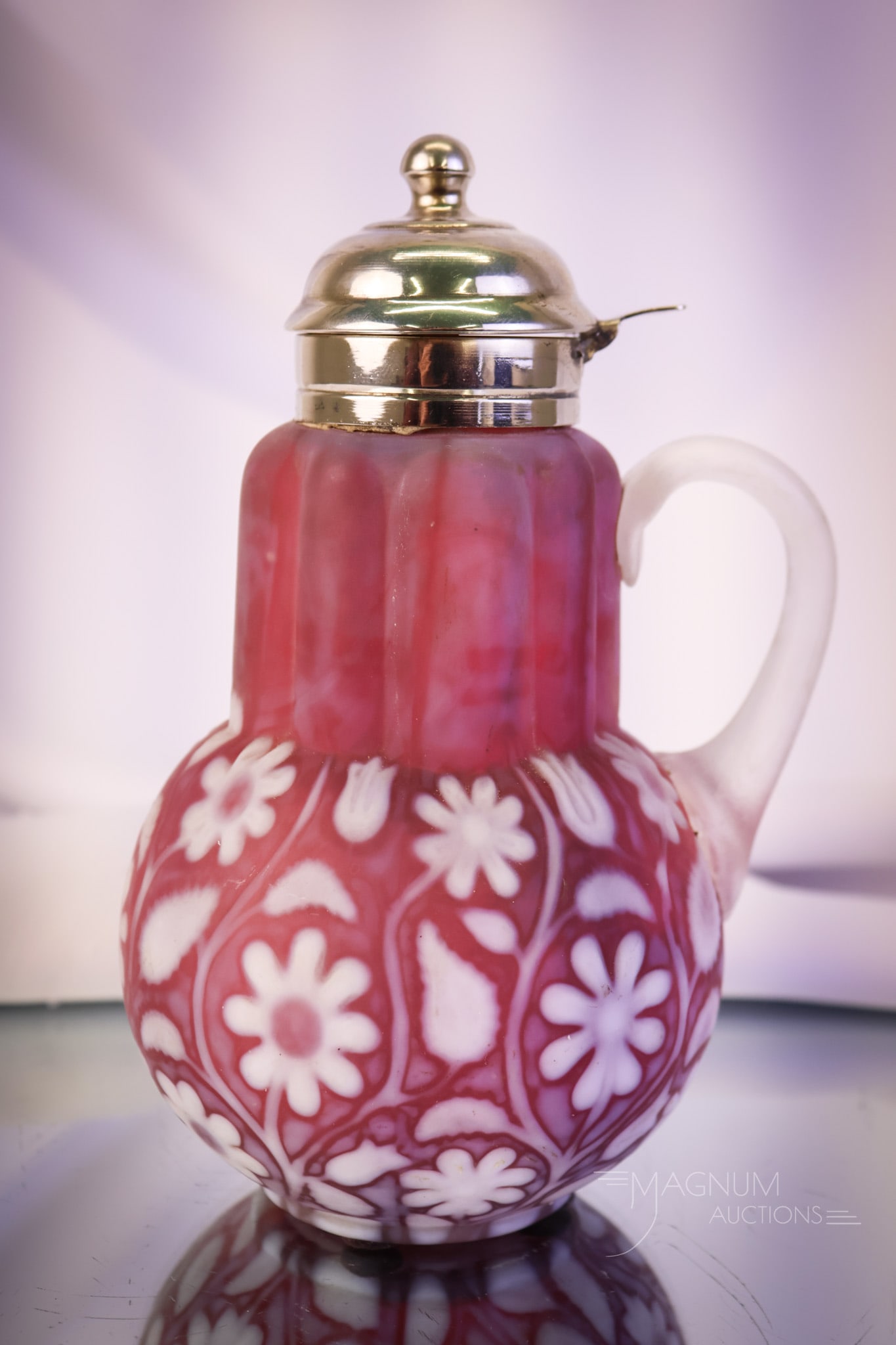 Extremely Rare Victorian Findlay Floradine Glass Victorian Syrup Pitcher: Findlay Glass collectors, get ready to bid! This is a rare and perfect Victorian Findlay Floradine syrup pitcher. This glass was originally made in Findlay, Ohio. Pieces in color as this are exceeding