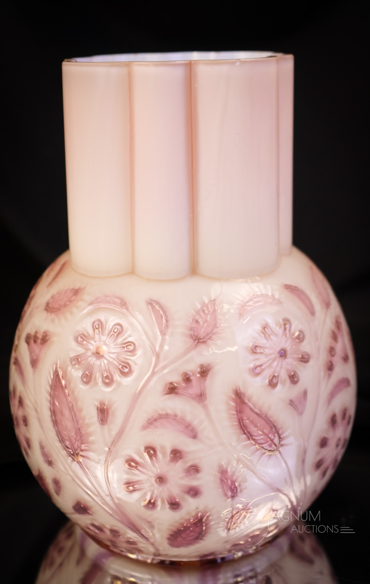 Exceedingly Rare Lavender Mauve Findlay Onyx Victorian Glass Celery vase: An exceedingly rare piece of Victorian Findlay onyx glass. This is a celery vase in a lavender mauve coloring. This celery almost has an iridescence to it. This color is a museum rarity. The vase meas