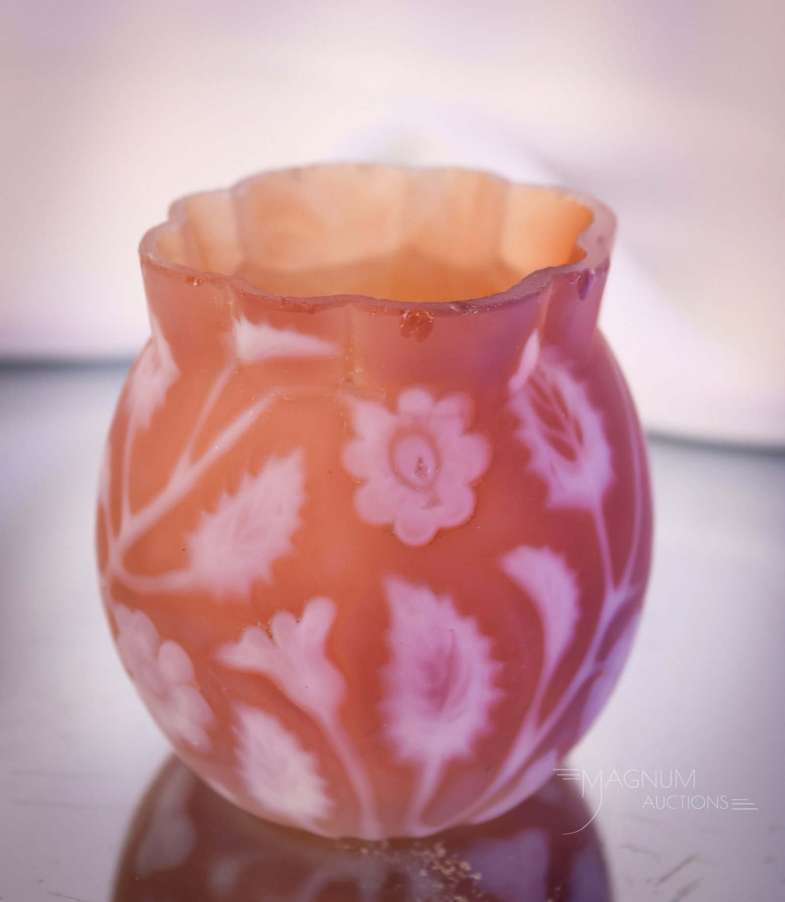 Findlay Floradine Victorian Glass Toothpick Holder: A fine example of the rare glass made in the Victorian era in Findlay, Ohio. This toothpick is in the Floradine color of rich, deep cranberry satin glass with white flowers. This little guy needs a ne