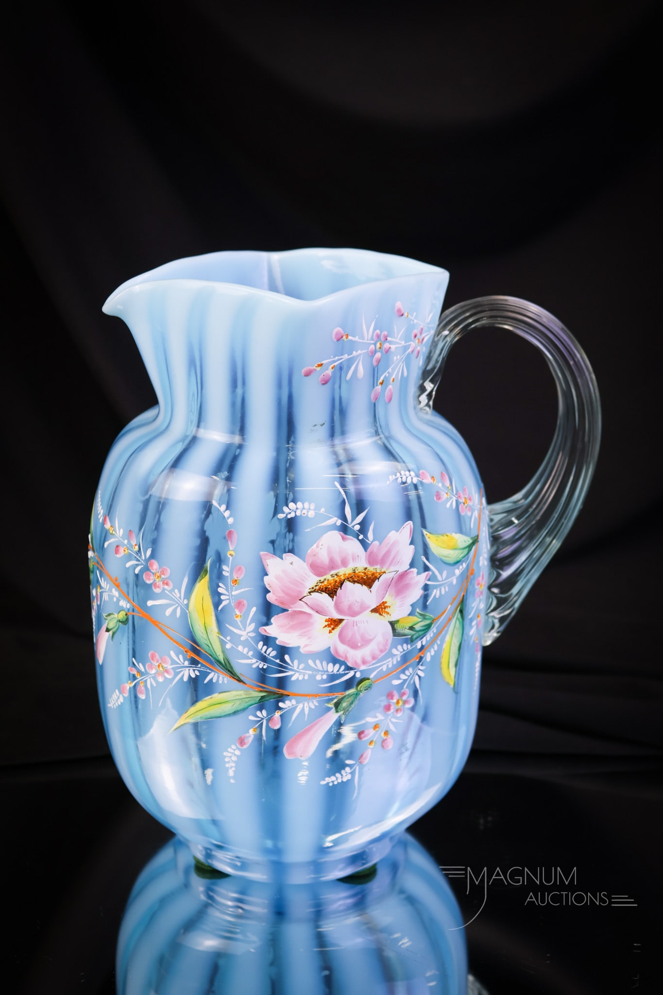 Victorian Blue Opalescent Stripe Enameled Glass Water Pitcher (1 of 5)