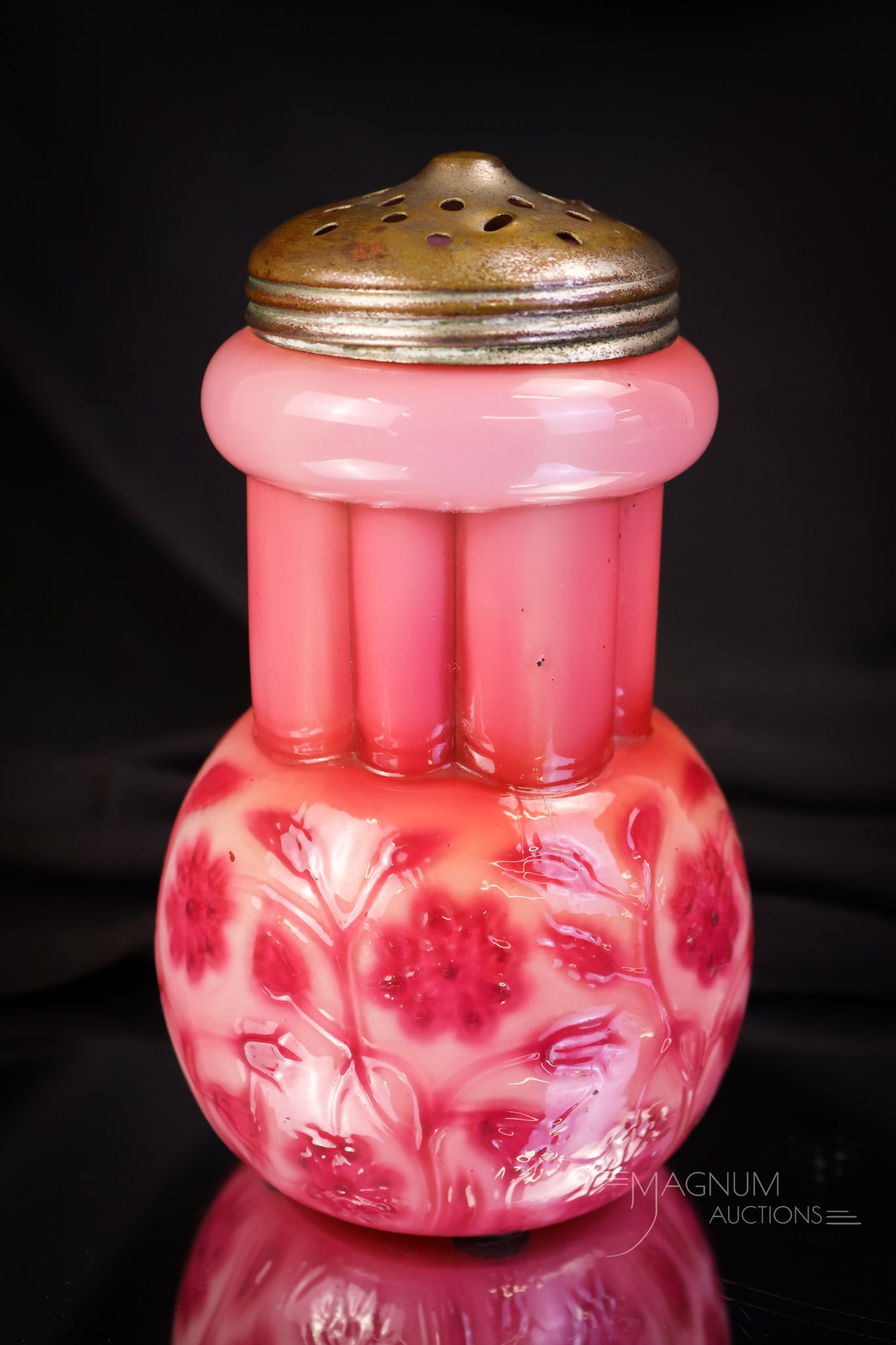 Perfect Exceedingly Rare Watermelon Raspberry Findlay Onyx Victorian Glass Sugar Shaker: An exceedingly rare find in Victorian colored Findlay onyx glass. This is a perfect watermelon raspberry sugar shaker. The color on this piece is intense! Peachy pink watermelon ground with bright ras