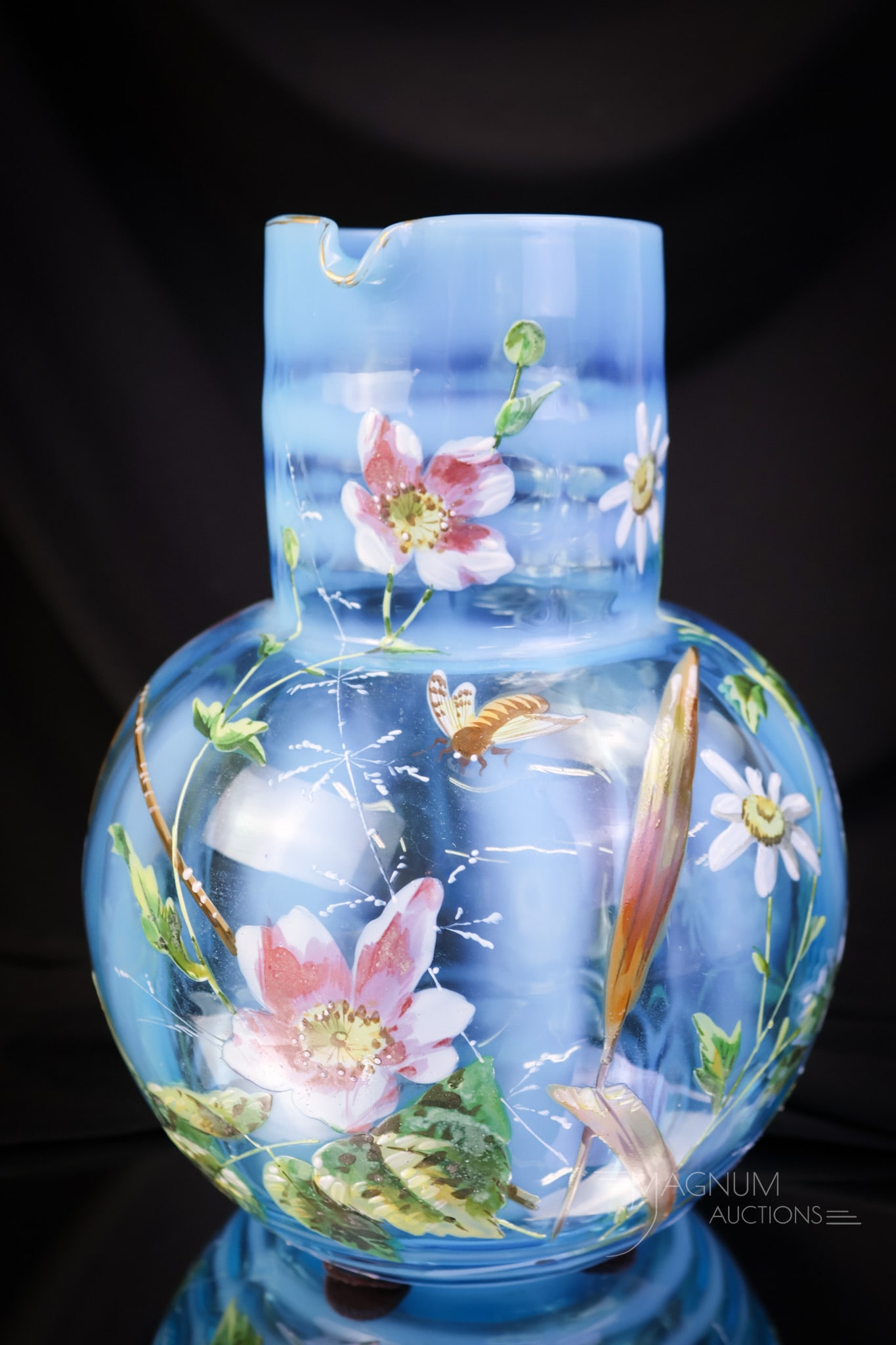 Victorian Blue Opalescent Stripe Floral Enameled Glass Water Pitcher (1 of 6)