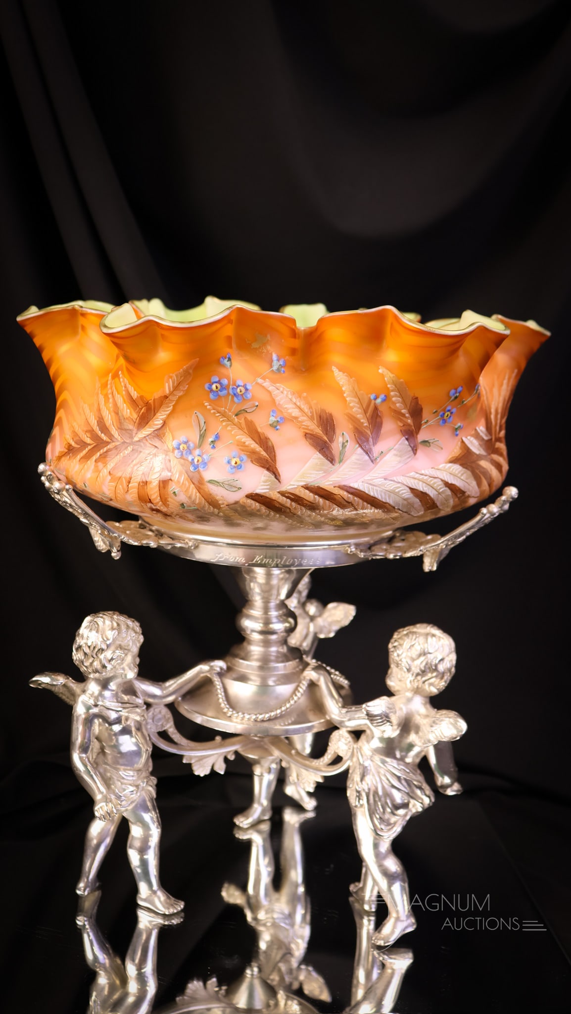 Wilcox Victorian Silverplate Mother of Pearl Herringbone Decorated Glass Cherub Brides Bowl: A gorgeous find and a Mother Magnum Favorite! This is a signed Wilcvox Victorian silverplate triple-cherub holder with an ombre-orange herringbone mother-of-pearl satin glass bowl. This excellent find