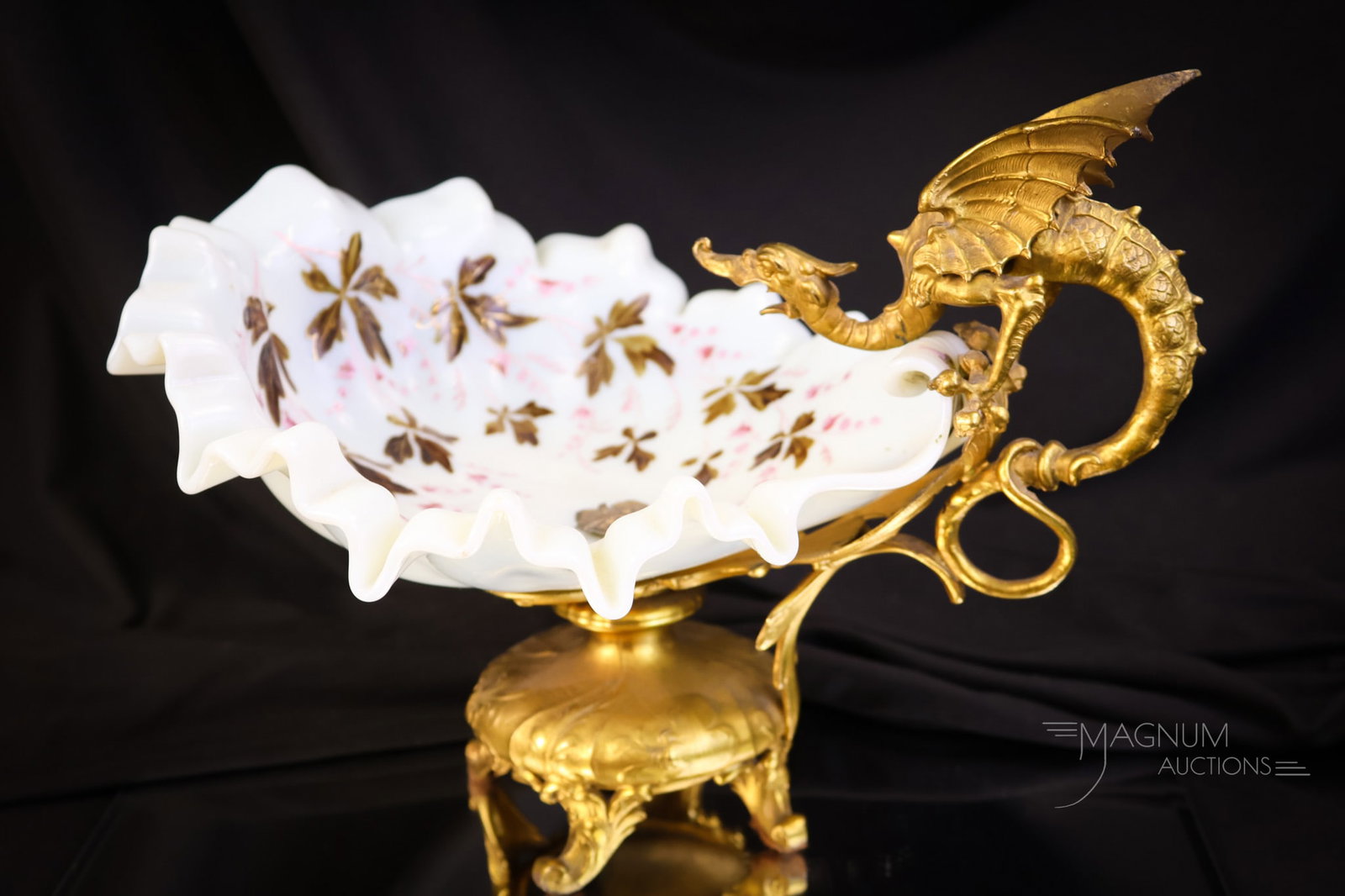 Victorian Dragon Uranium Custard Enameled Glass Figural Card Receiver: A Mother Magnum favorite! Here is a fiery custard glass Victorian card receiver featuring a full-figured dragon atop one end. This glass has enamel decoration and glows brightly under black light. The