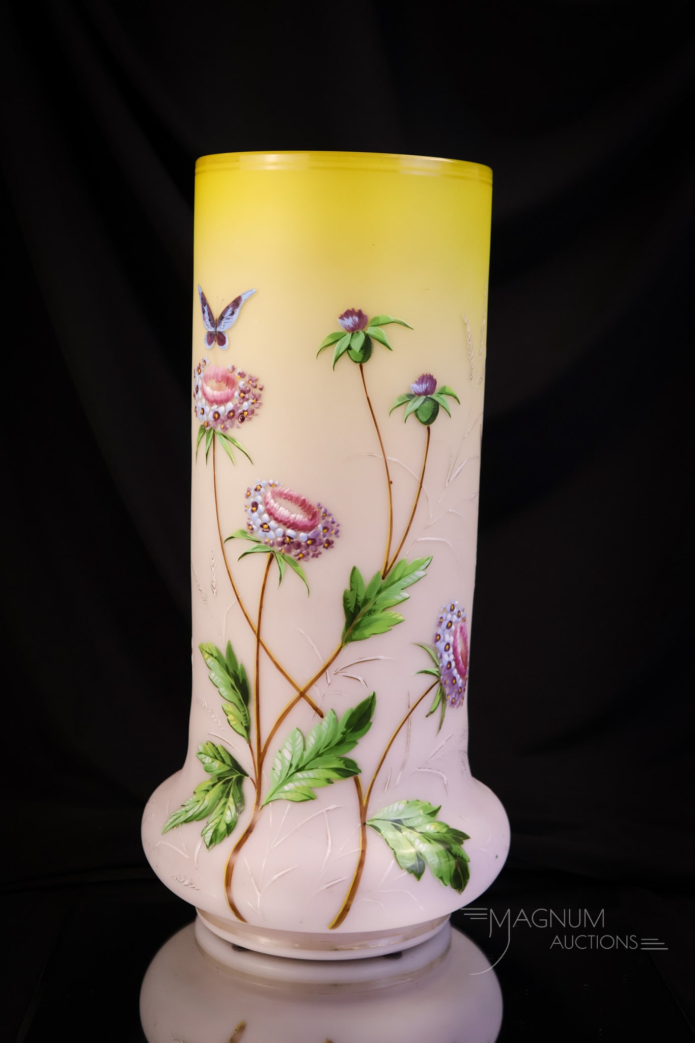 Monumental 15 1/4" Victorian Enameled Satin Art Glass Decorated Cylinder Vase: A monumental find in Victorian satin enameled glass. This vase is in a cylindrical form. It is decorated with birds, flowers, and butterflies. An exquisite find. The vase measures 15 1/4" tall and 7 1