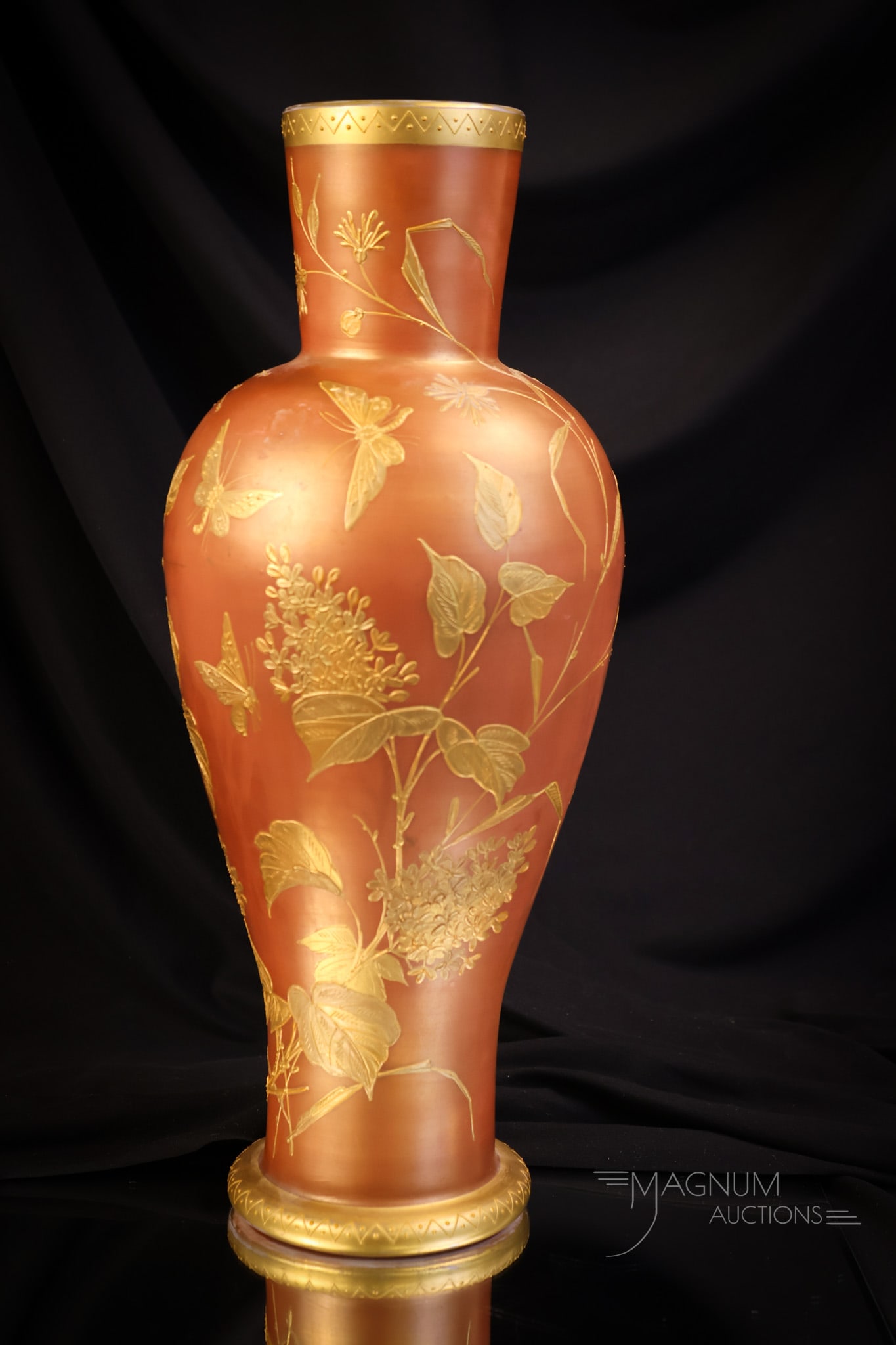Harrach Webb Bronze Glass 15" Decorated Vase: A phenomenal find in Webb or Harrach bronze decorated Victorian glass. This vase is decorated with an abundance of flowers and butterflies. The vase is large at 15" tall and 5 1/2" wide. SHIPPING NOTI