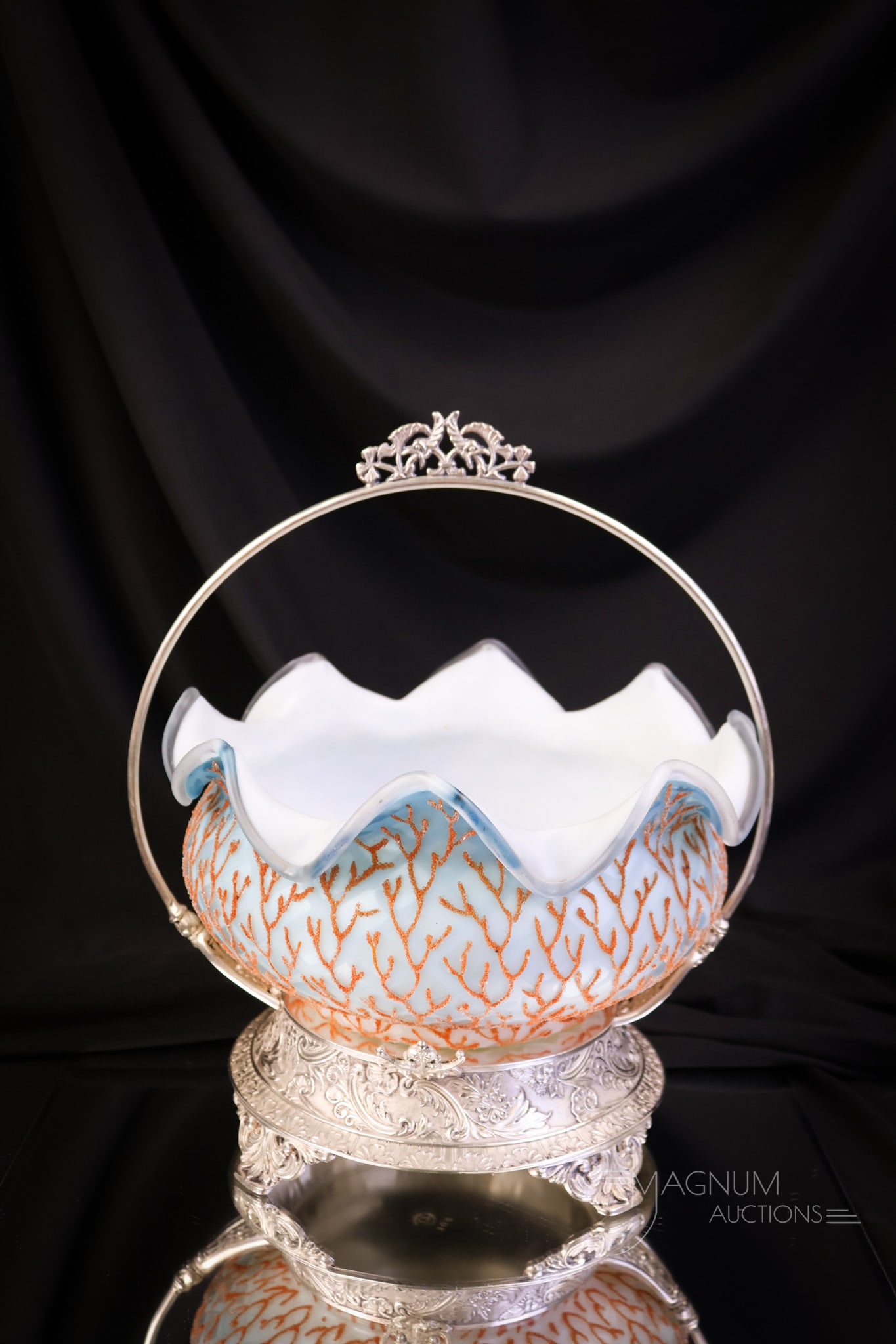 Victorian Coralene Decorated Mother of Pearl Diamond Quilted Rockford Silverplate Brides Basket Bowl: A beautiful find in Victorian art glass. This is a blue diamond quilt, mother-of-pearl glass brides' bowl. This piece is lavishly decorated with orange seaweed coralene beadwork. This bowl is set in a