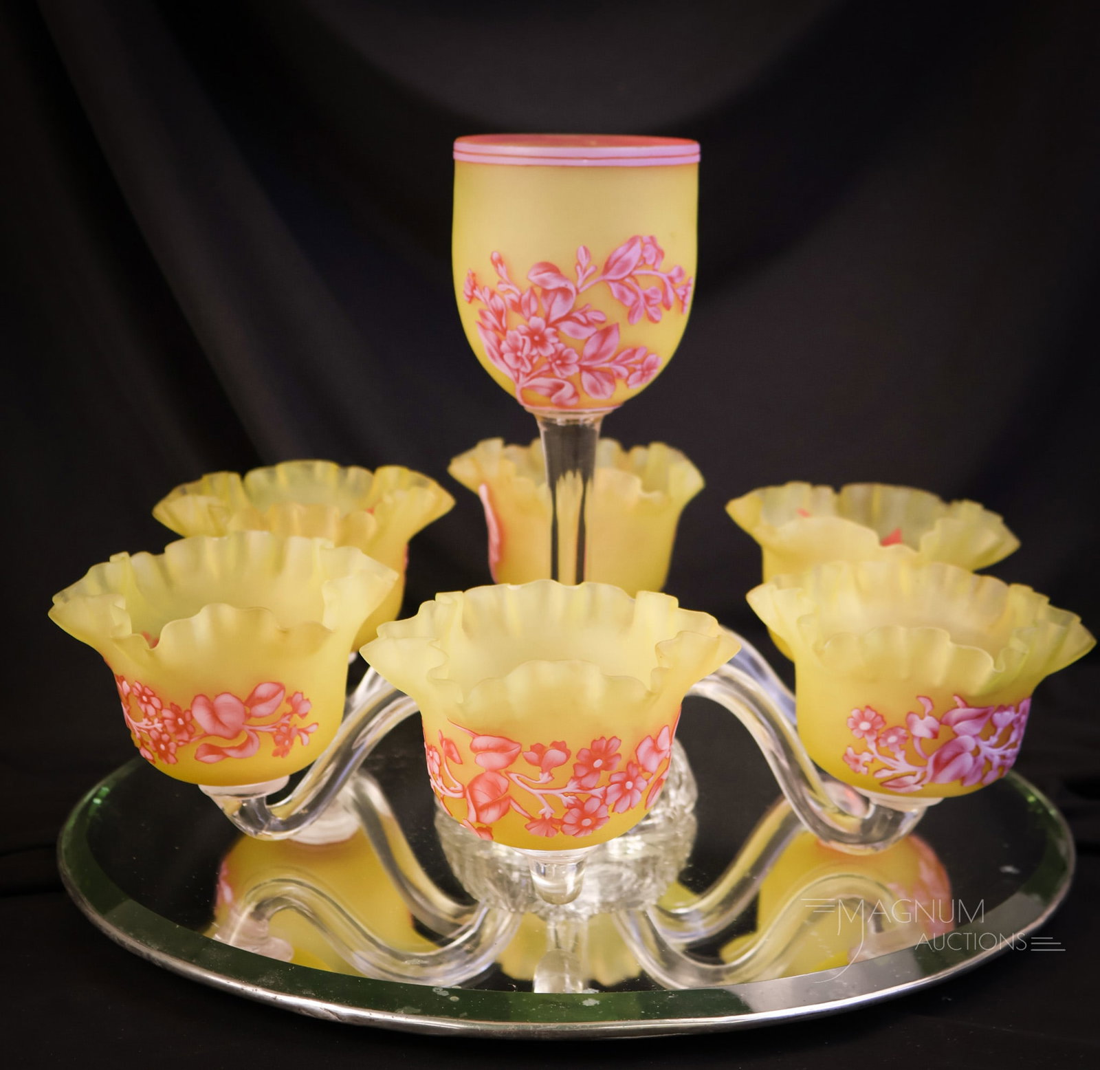 Museum Rarity Signed "Thomas Webb & Sons" English 3-Color Cameo Glass Mirrored Epergne Sociable: A noteworthy museum rarity piece in our auction! This piece is signed "Thomas Webb & Sons Cameo" on each and every piece of cameo glass. The epergne sociable is three-color cameo glass. It is white cu