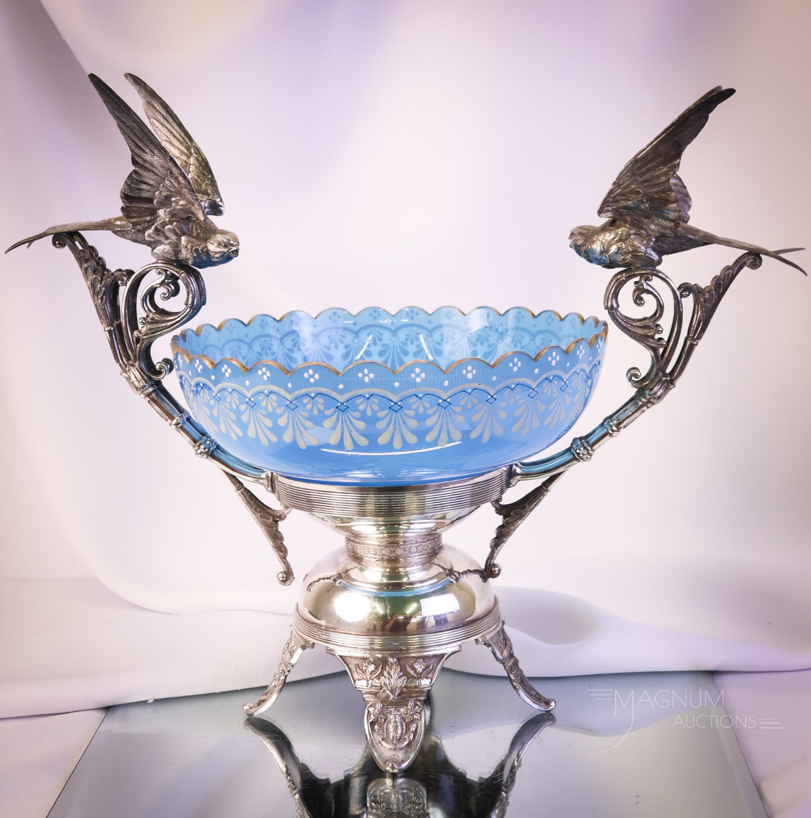Meriden Silverplate Victorian Swallows Blue Opaline Enameled Gilt Glass Brides Basket Centerpiece (1 of 10)