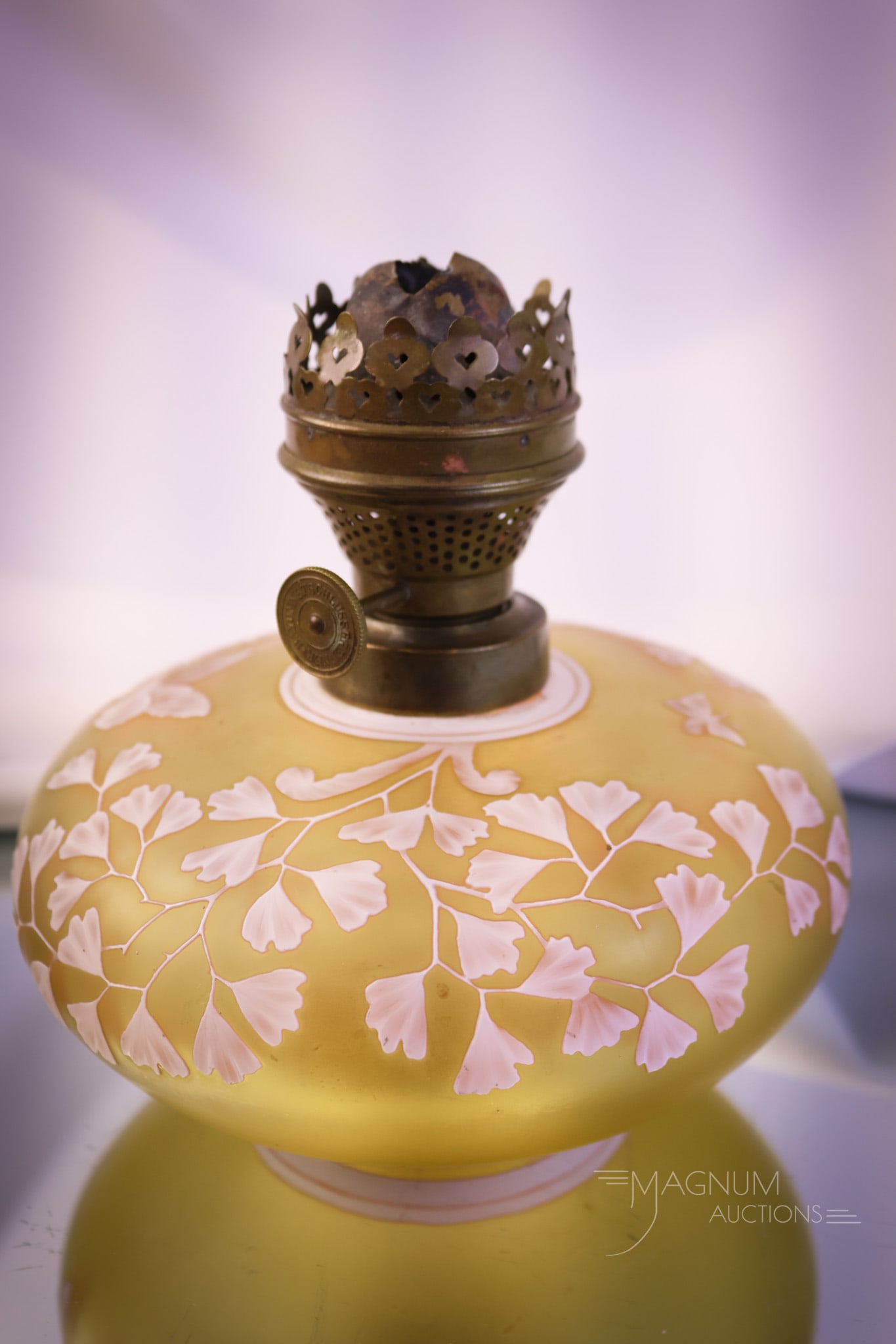 Webb 3-Color English Victorian Cameo Art Glass Miniature Oil Lamp Base: A Webb three-color piece of cameo glass in the form of a miniature oil lamp base. This lamp base is cut from white to cranberry to citron glass. The lamp glass is rich in uranium content and glows bri