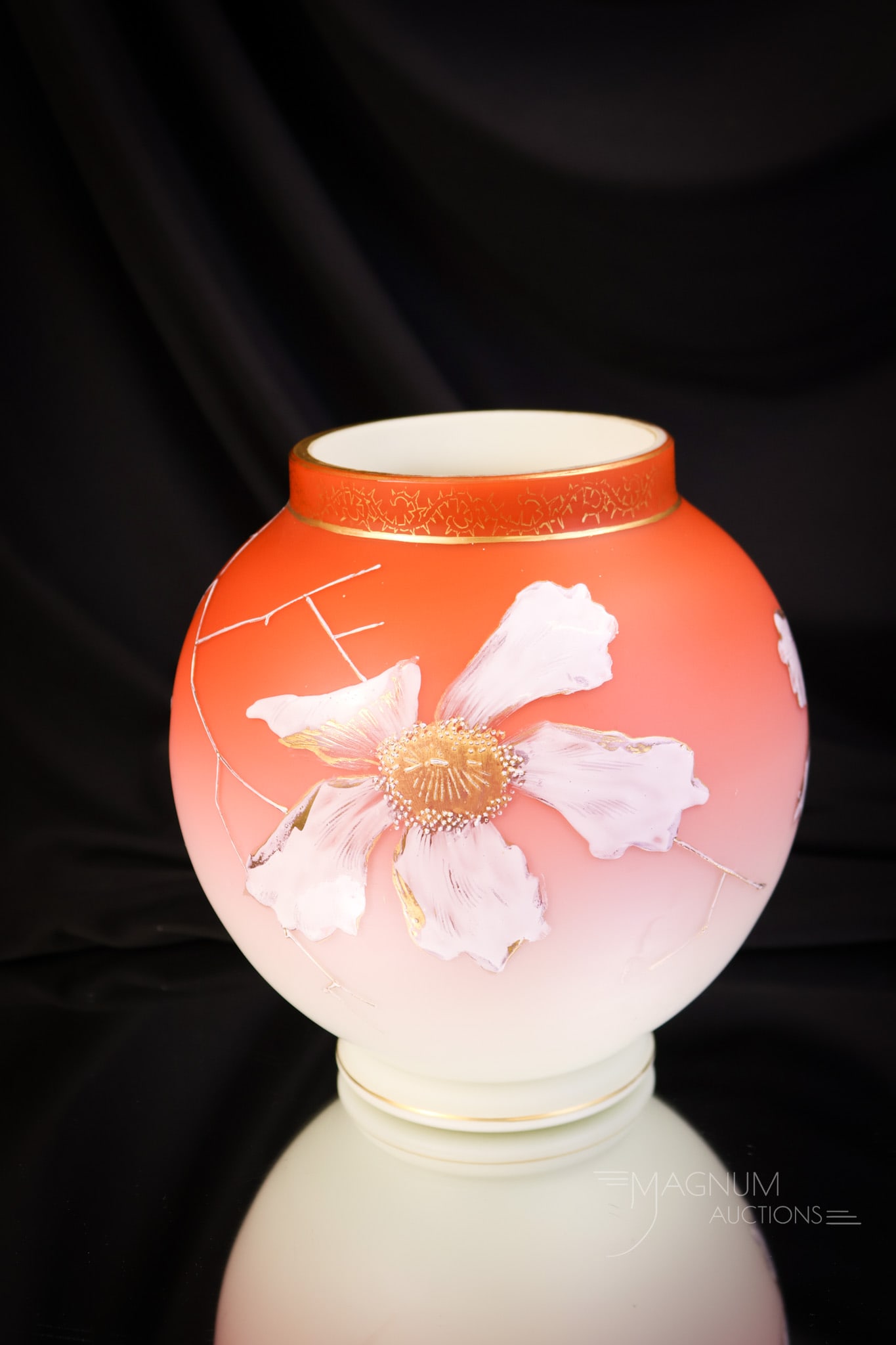 Loetz Victorian Peach Satin Gilt Enameled Art Glass Vase: A striking piece of Victorian Loetz art glass. This is an ombre peach colored vase with heavy enameled florals and gilt decoration. This vase measures 7" tall and 6" wide. SHIPPING NOTICE: If you choo