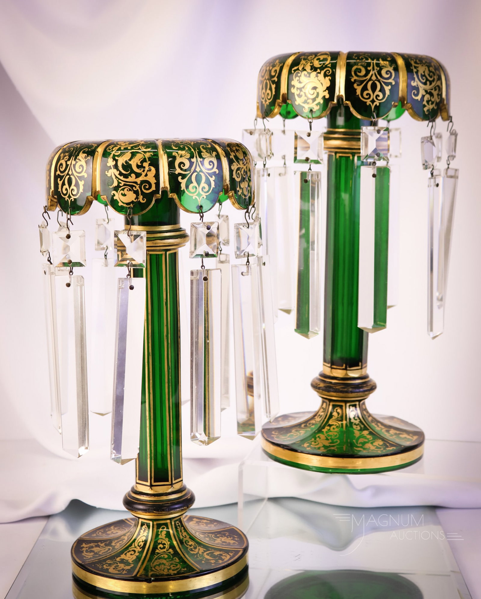 Pair 13" Emerald Green Victorian Gilt Enameled Glass Rolled-Rim Mantle Lusters (1 of 10)