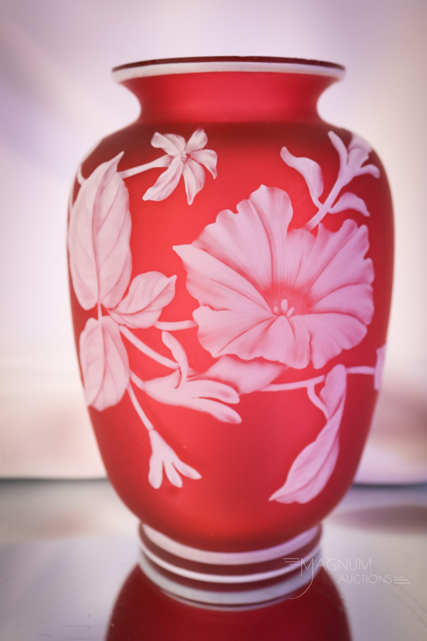 Victorian English Cranberry & White Cameo Art Glass Cabinet Vase: Another beautiful find in an English cameo art glass vase. This super find is in cranberry and white glass. The vase is decorated with morning glory flowers and a butterfly. The vase measures 6" tall 
