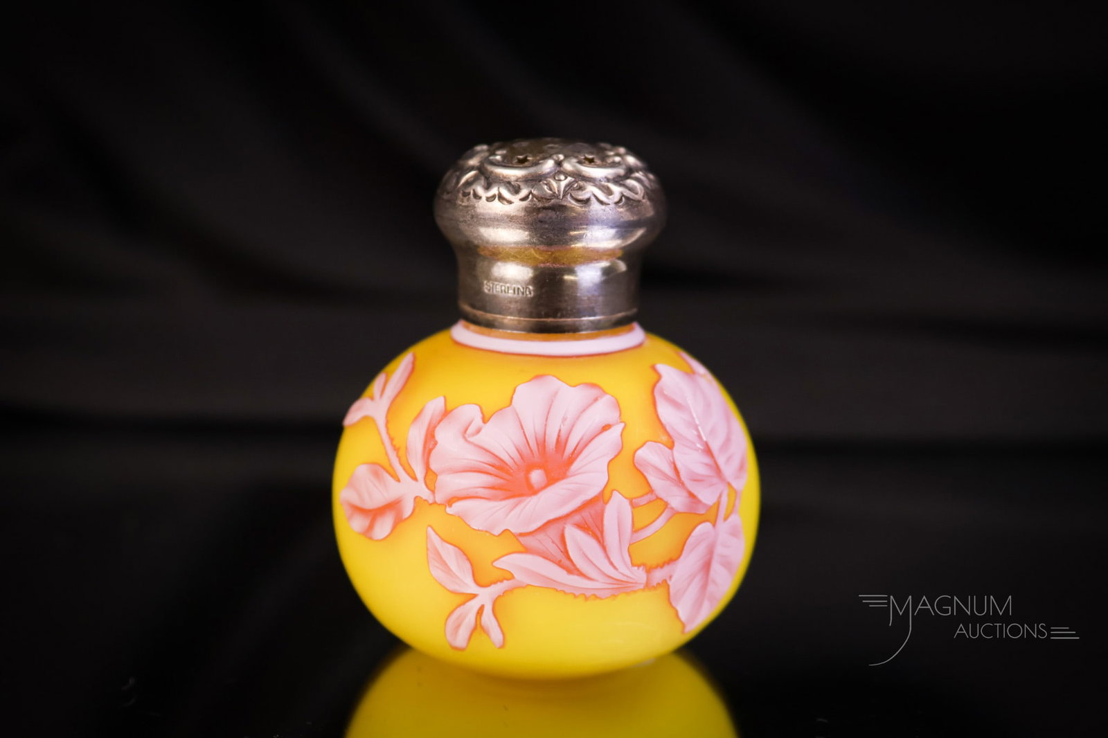 Victorian Webb 3-Color Cameo Art Glass Sterling Silver Salt Shaker: A lovely addition to any collection. This is a three-color attributed to Webb English cameo glass salt shaker with a marked sterling silver top. This shaker is yellow with red and white cut-back color