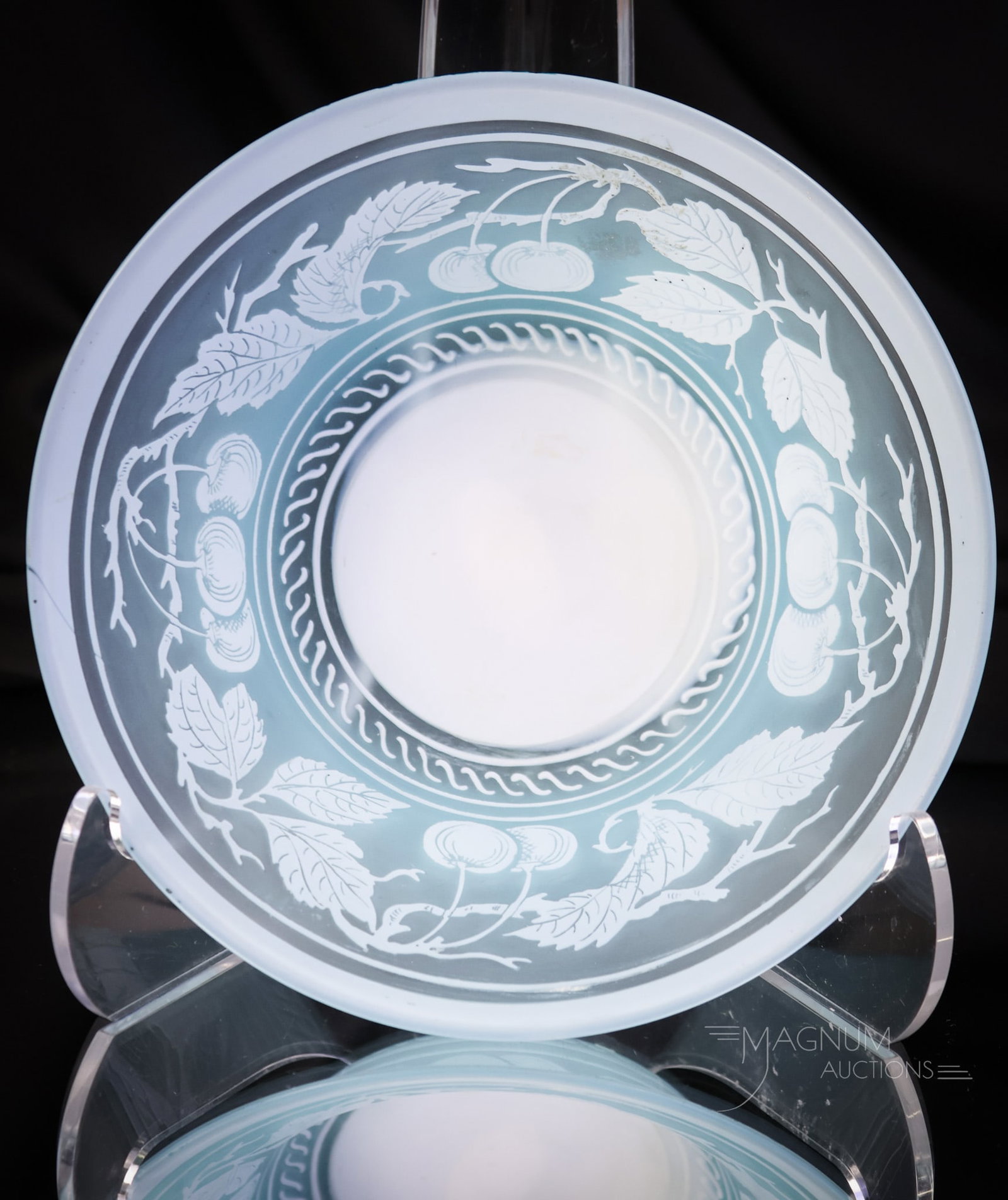 Victorian Delicate Webb English Cameo Cherries Art Glass Finger Bowl: A beautiful Victorian English cameo art glass finger bowl attributed to Webb. This piece has a design of cherries on the interior. The bowl measures 1 3/4" tall and 5" in diameter. SHIPPING NOTICE: If