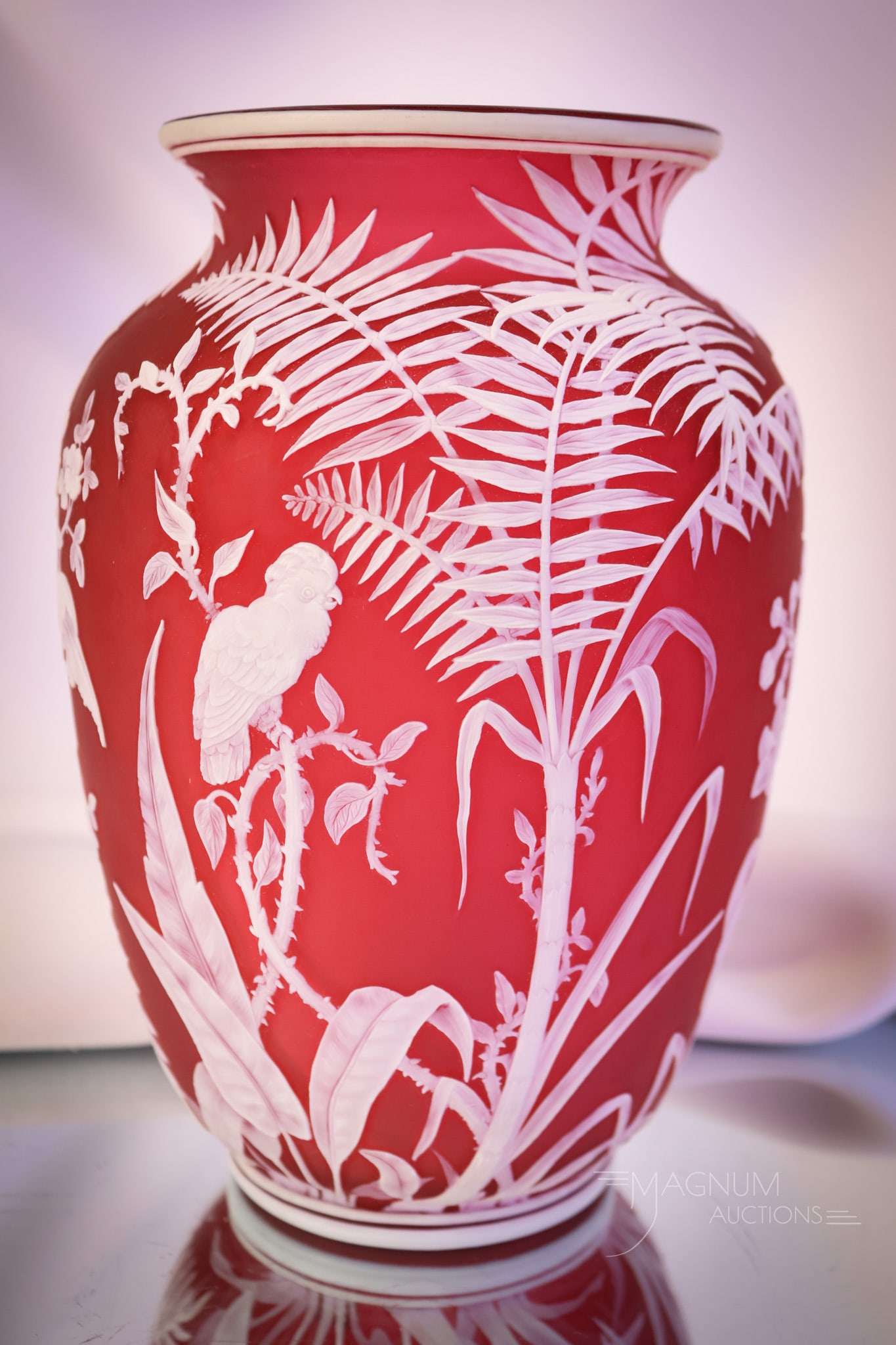 Museum Rarity "Thomas Webb & Sons Cameo" Tropical Birds in a Jungle Art Glass Vase: A museum rarity for your bidding pleasure, folks! This piece is a Mother Magnum favorite! This piece is marked, "Thomas Webb & Sons Cameo." The vase is glorious, simply put. The vase has all-over cutt