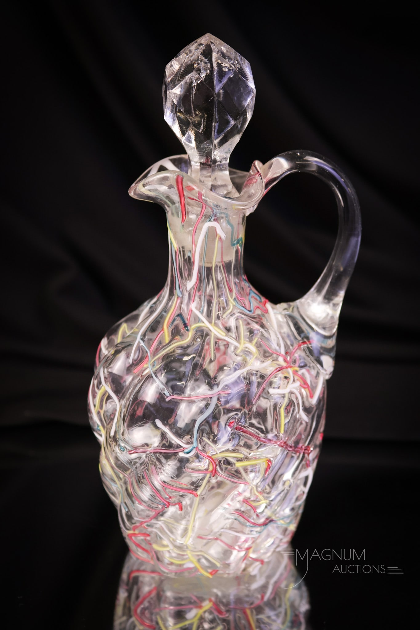 Victorian Phoenix Peloton Rainbow Threaded Art Glass Cruet: A collection enhancing find for your bidding pleasure. This is a Peloton rainbow-threaded art glass cruet. The cruet is attributed to Phoenix glass. This super find measures 6 1/2" tall and 3" wide. S