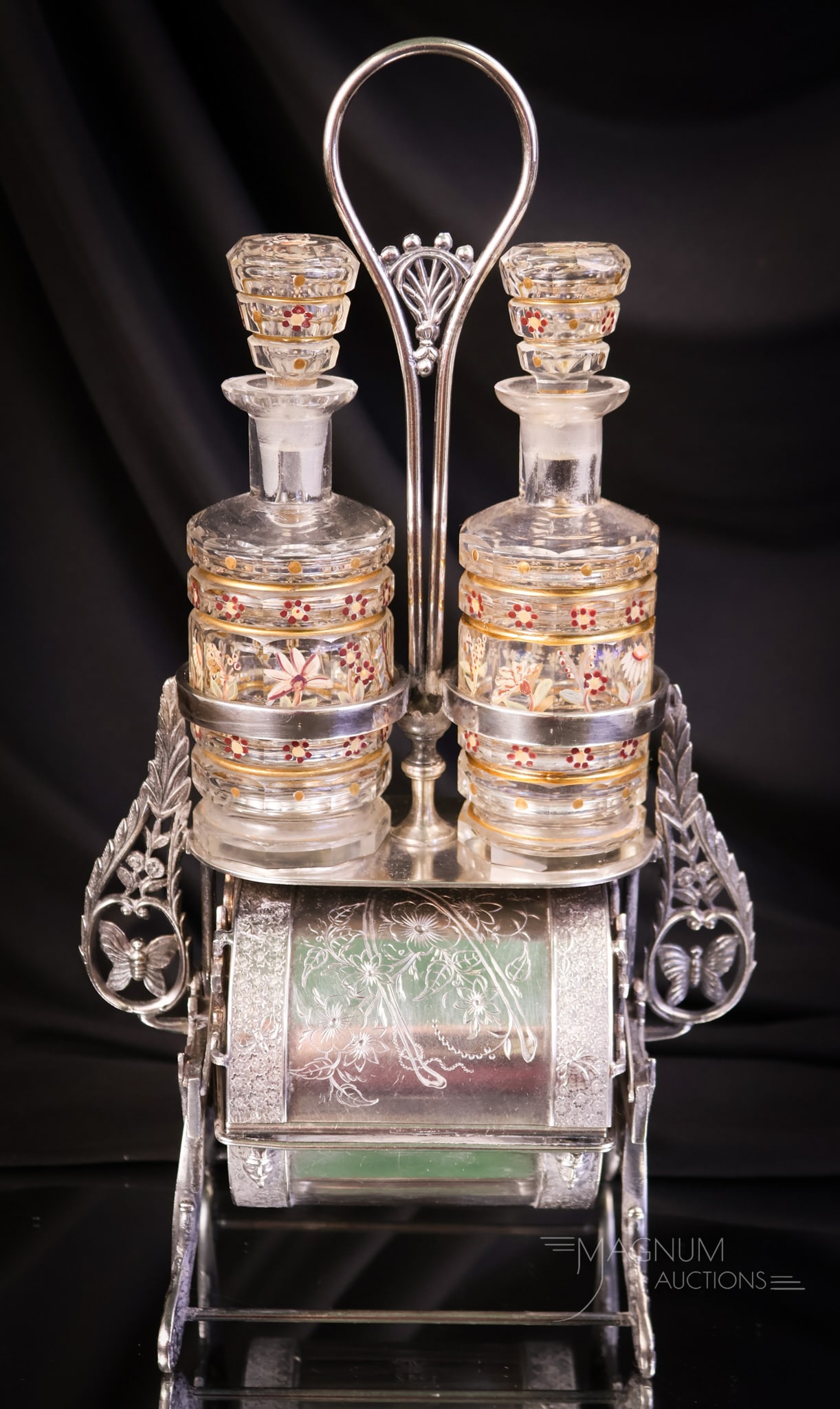 Rogers Silverplate Victorian Mechanical Enameled Cut Glass Perfume Bottle Jewelry Castor: A quintessentially Victorian piece for your collection. This is a mechanical jewelry and perfume castor. This piece is marked Rogers silverplate. The casket is lined with pink satin. The casket has bu