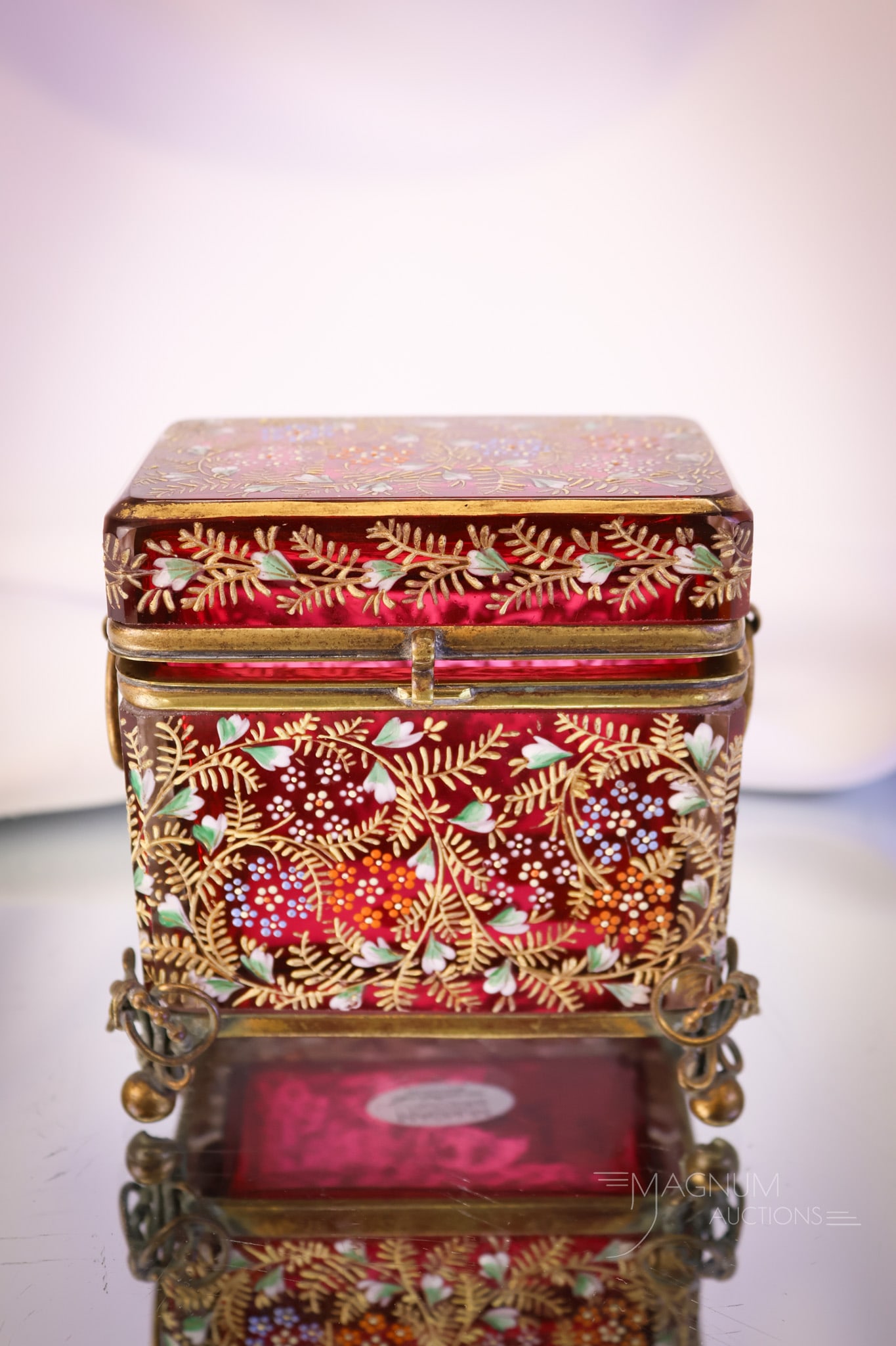 Cranberry Victorian 3 3/4" Enameled Glass Petite Ormolu Jewelry Casket (1 of 6)