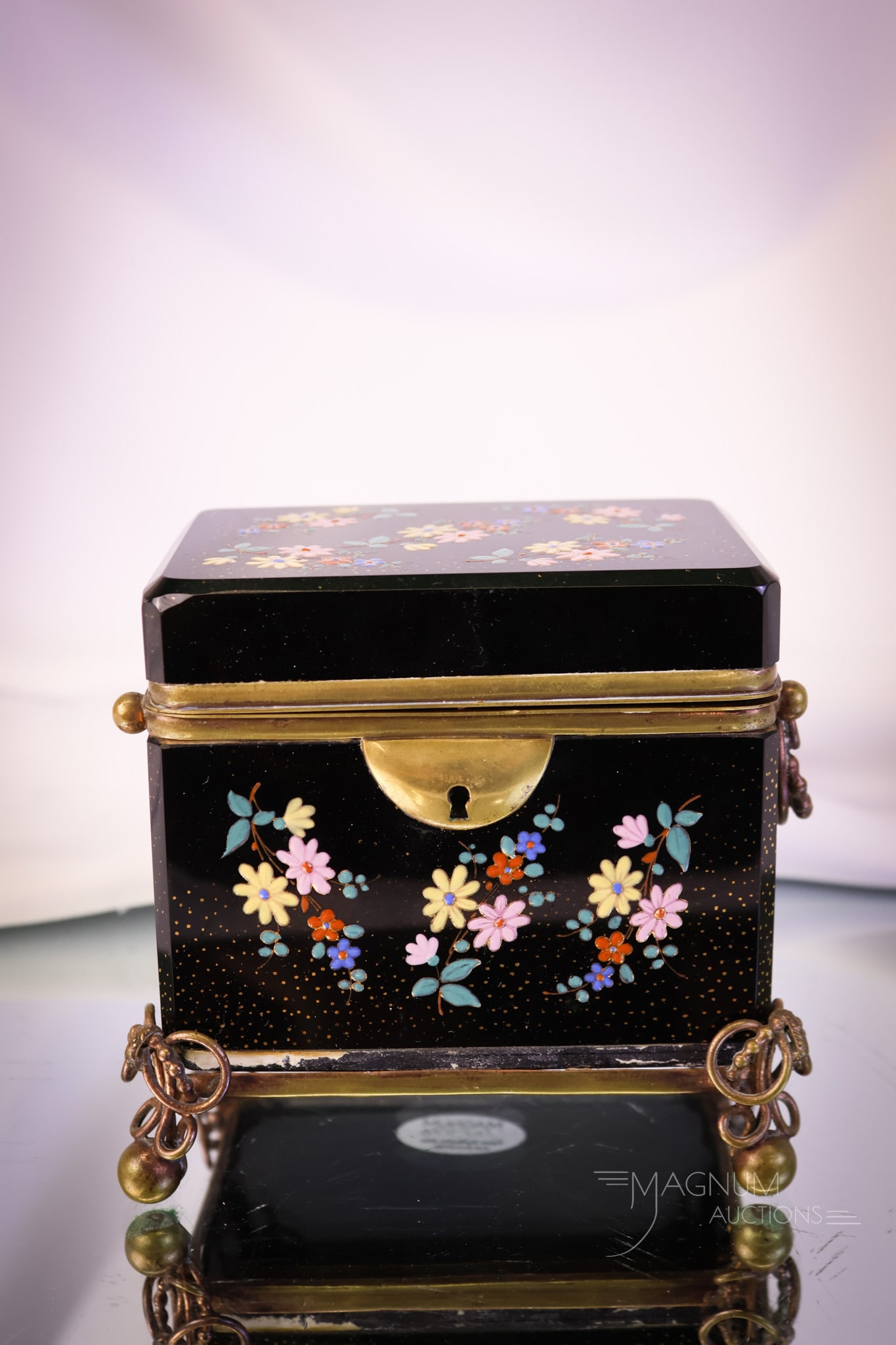 Victorian Black Glass Enameled Petite Ormolu Jewelry Casket (1 of 7)