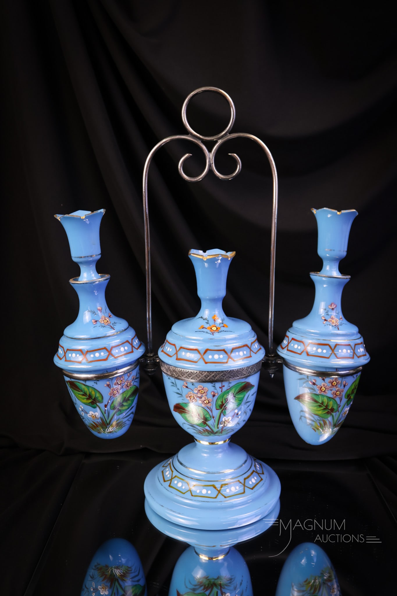 Victorian Blue Enameled Glass & Silverplate Perfume Vanity Dresser Set: What a grand find this is! This is lovely with its blue color and the fine enameled floral decoration. This is a perfume vanity dresser set. The set features matching stoppers to the lid on the powder