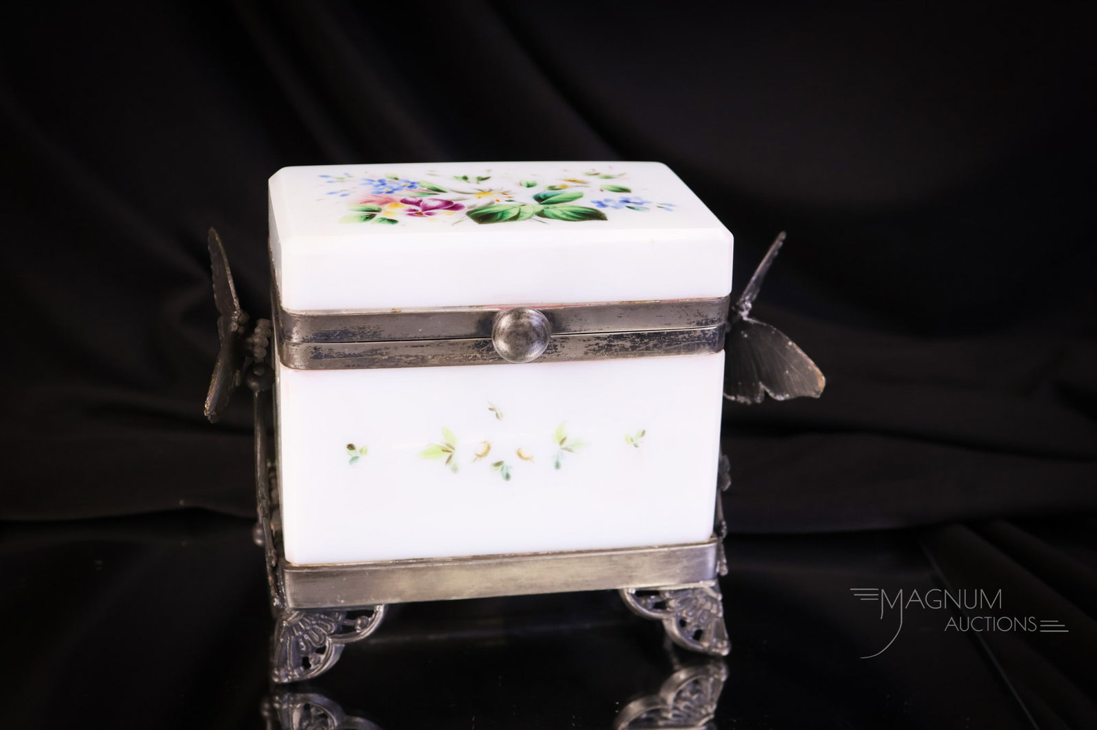 Derby Silverplate Opal Enameled Victorian Glass Jewelry Casket w/ Butterflies: A piece that you'll want to be sure to bid on. This is a marked Derby Silverplate opal glass jewelry casket. This piece from the Victorian age has full-figured butterflies on each side. The glass is e