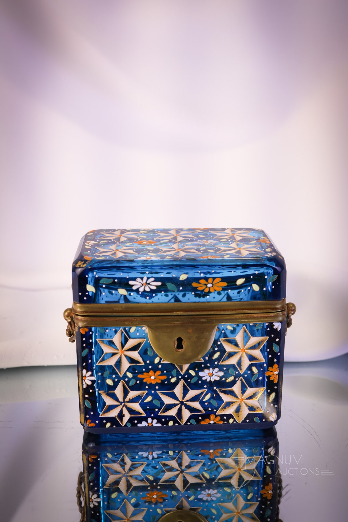 Victorian Blue Enamele Gilt Decoerated Glass Jewelry Casket (1 of 6)