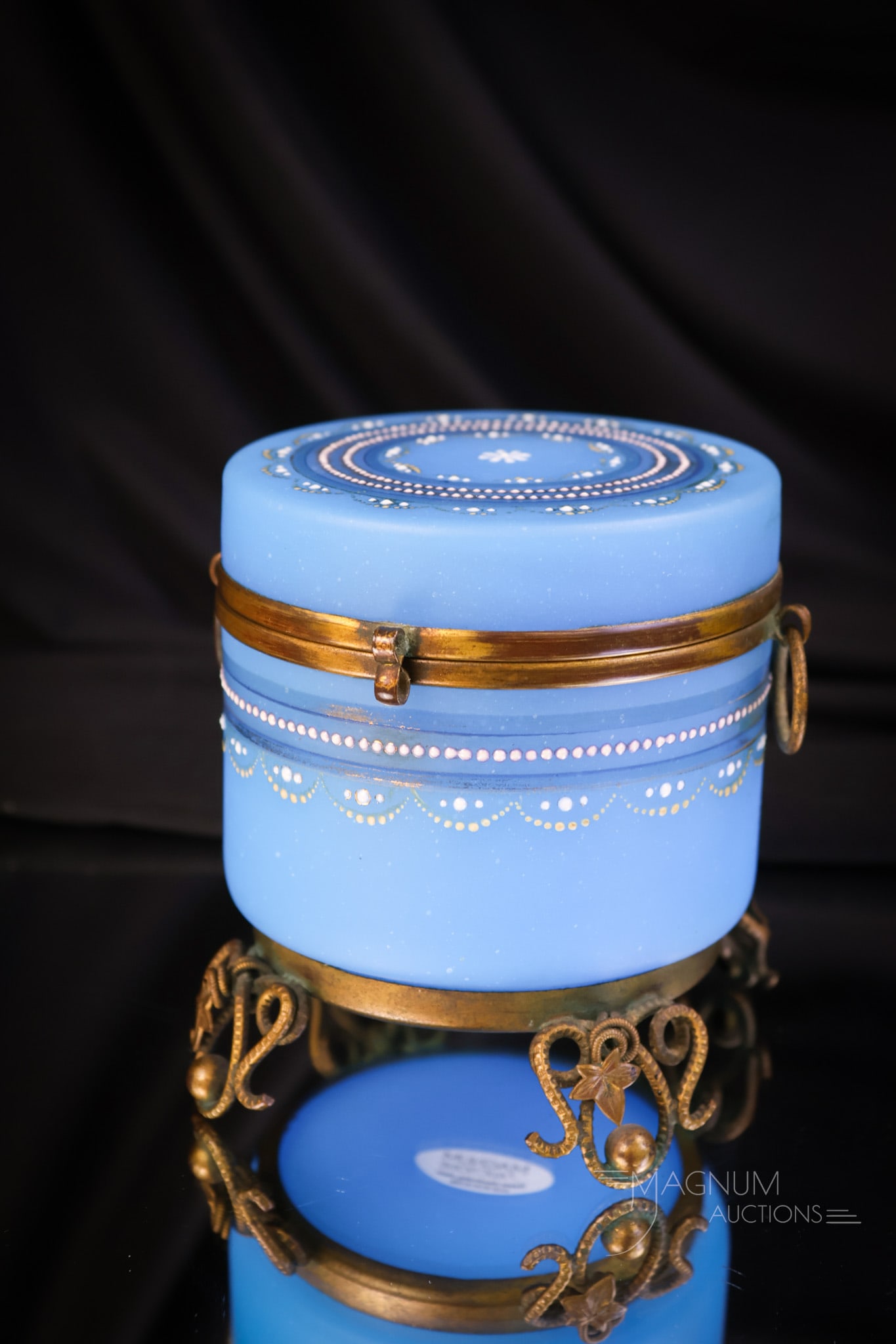 Blue Opaline Satin Enamel Decorated Glass Ormolu Jewelry Casket (1 of 8)